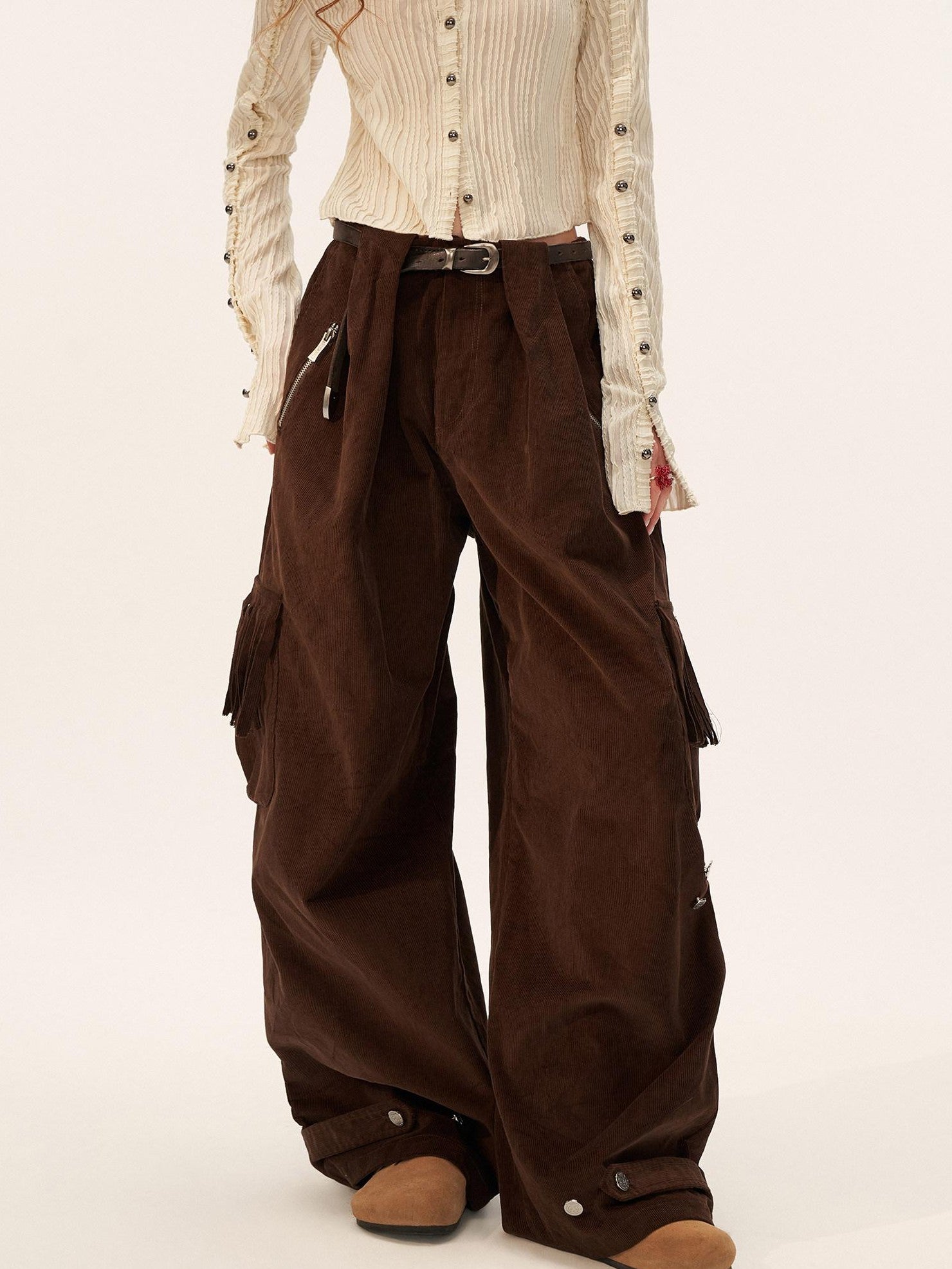mamc Retro Fringe Pocket Corduroy Loose Women's Cotton Straight-leg Pants