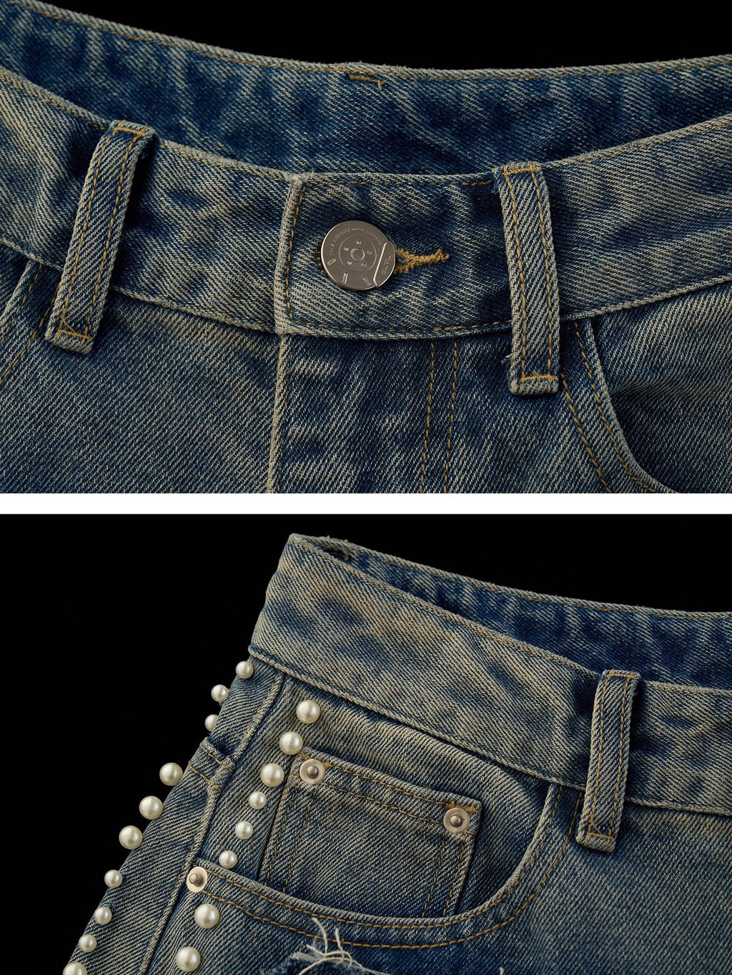 mamc Retro Light Wash Beaded Distressed Frayed Hem Women's Cotton Straight-leg Jeans