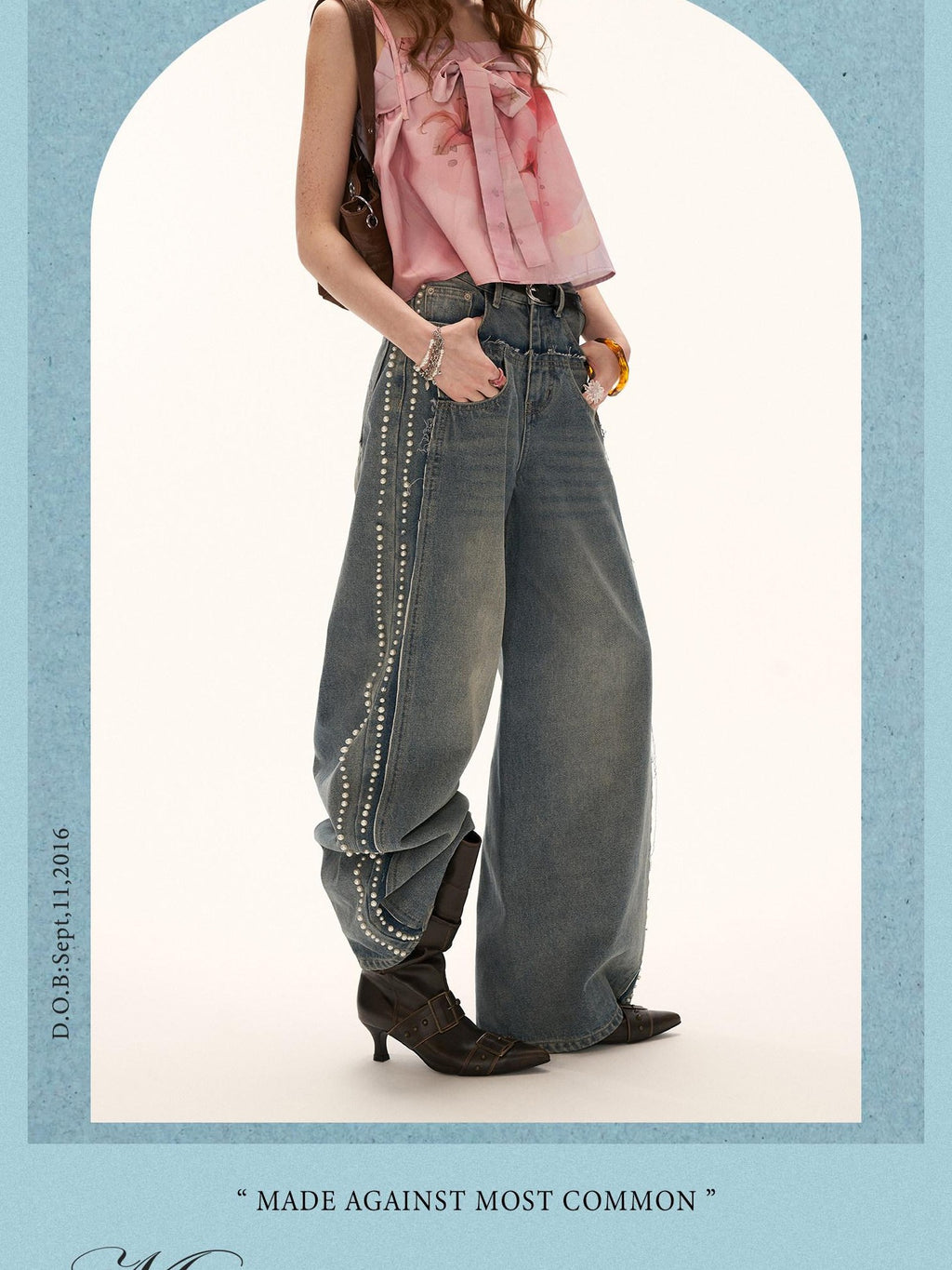 mamc Retro Light Wash Beaded Distressed Frayed Hem Women's Cotton Straight-leg Jeans