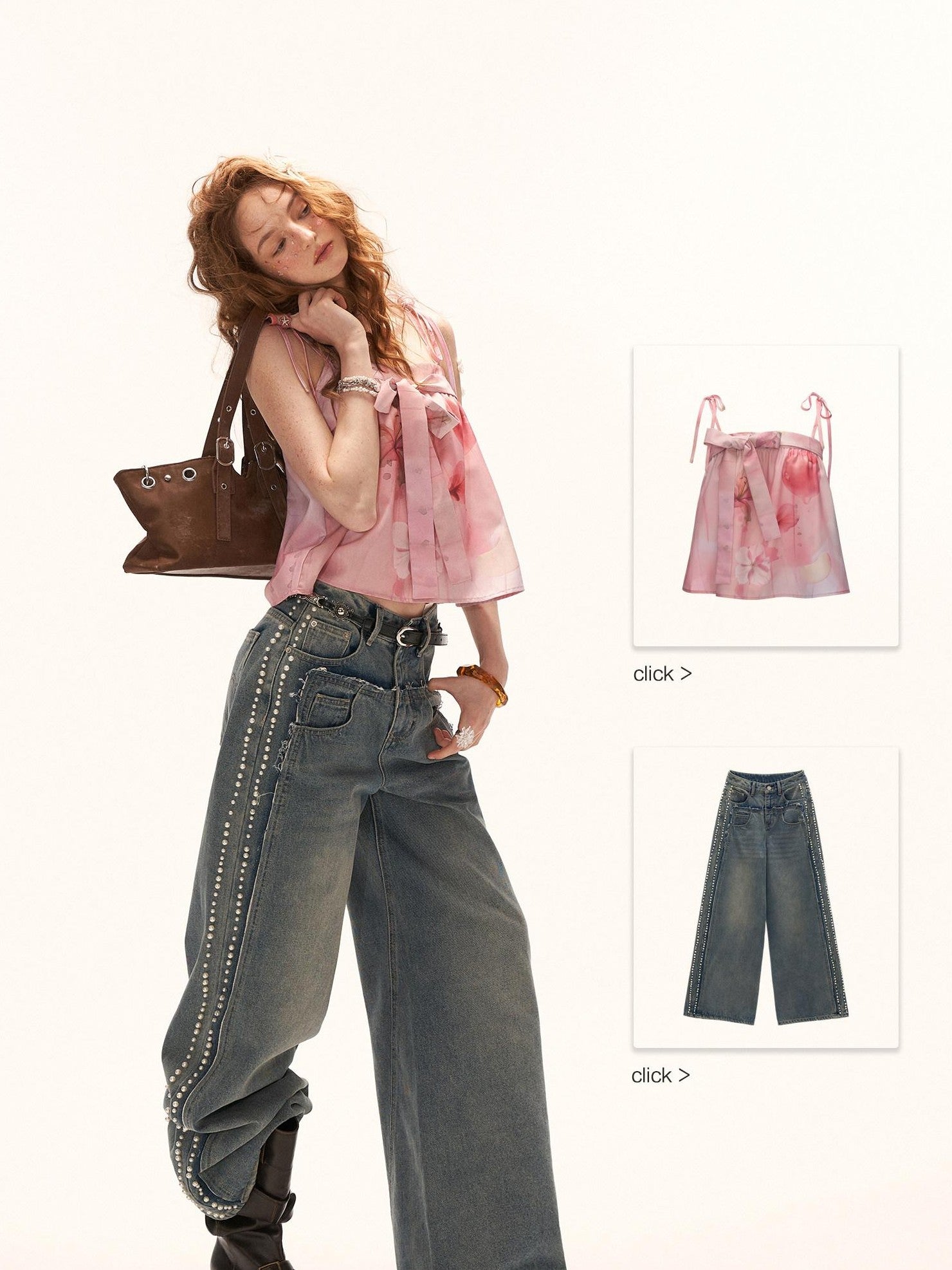mamc Retro Light Wash Beaded Distressed Frayed Hem Women's Cotton Straight-leg Jeans