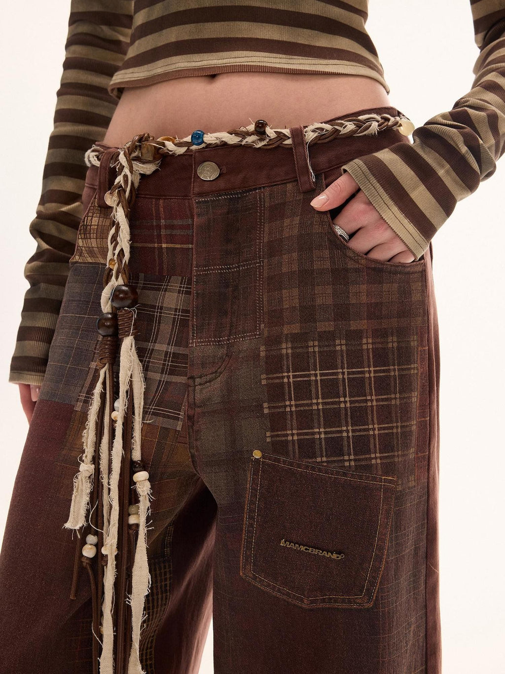 mamc Retro Printed Plaid Relaxed Pockets Button Fly Women's Straight-leg Jeans