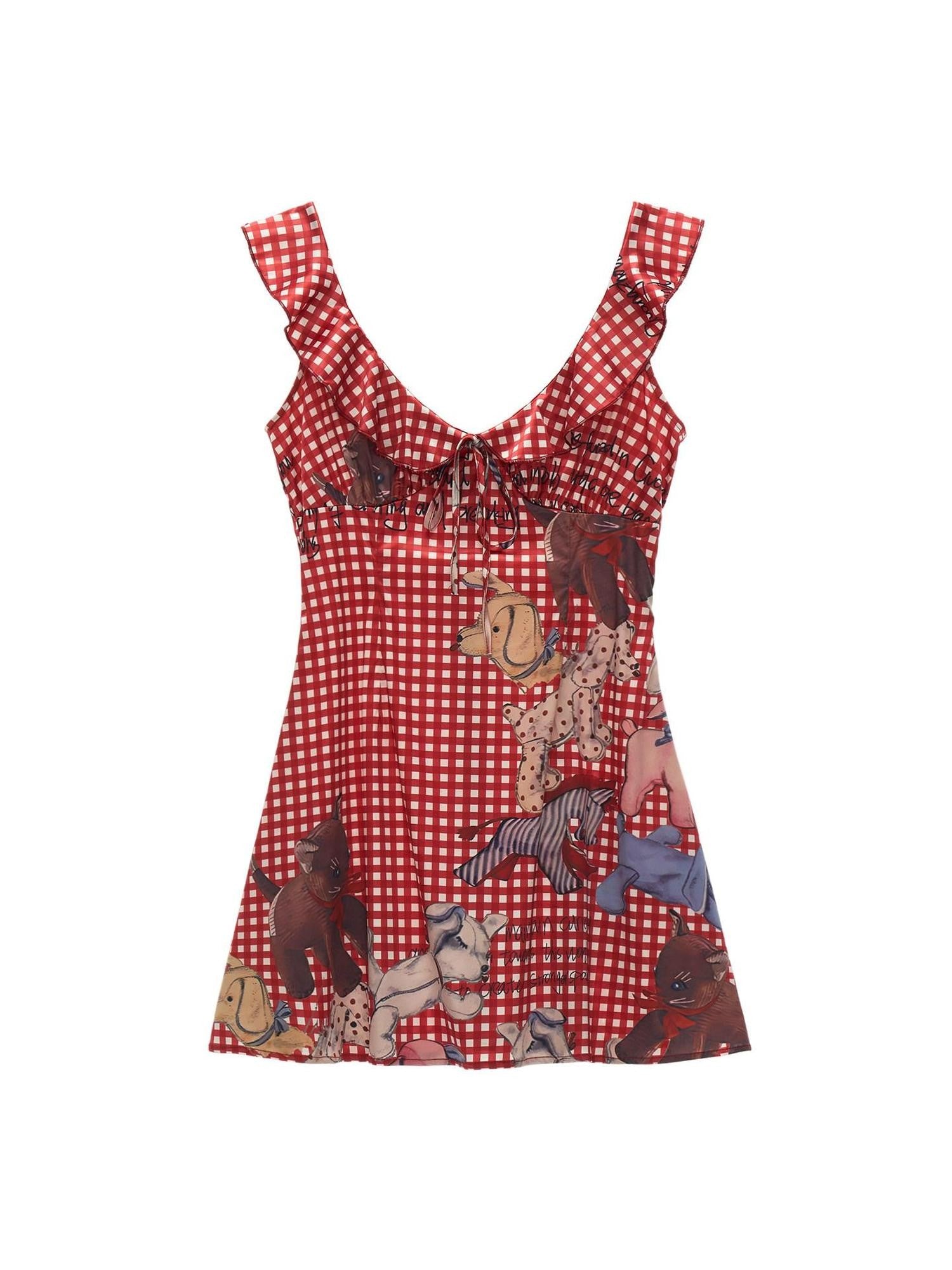 mamc Ruffle Collar Contrast Plaid Women's Polyester Slip Mini Dresses