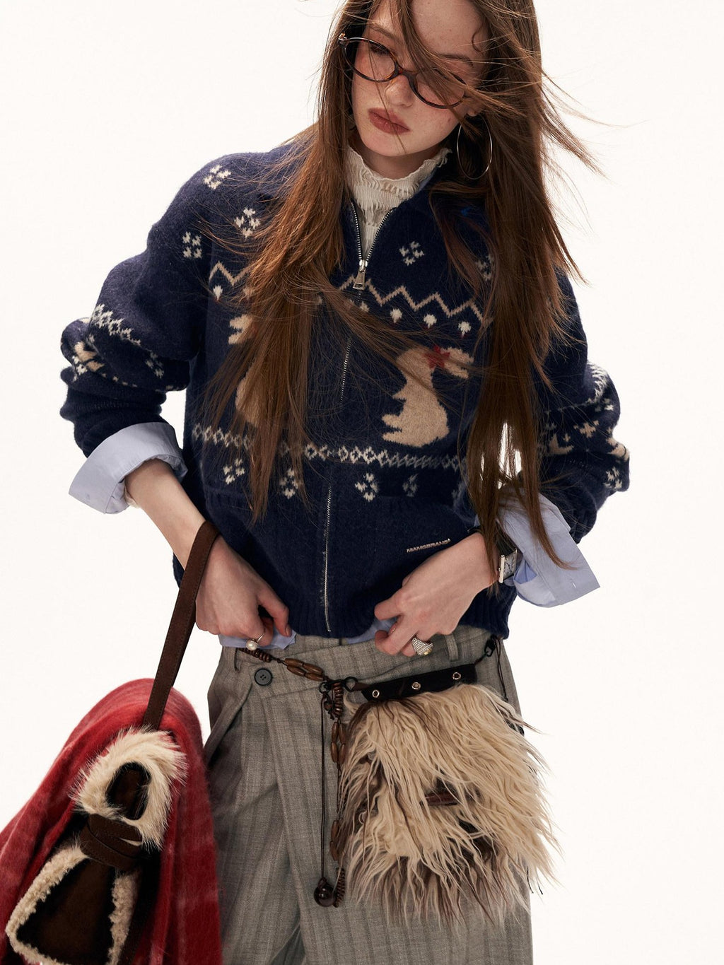 mamc Snowflake Rabbit Animal Zipper Lapel Loose Long Sleeve Women's Acrylic Cardigans