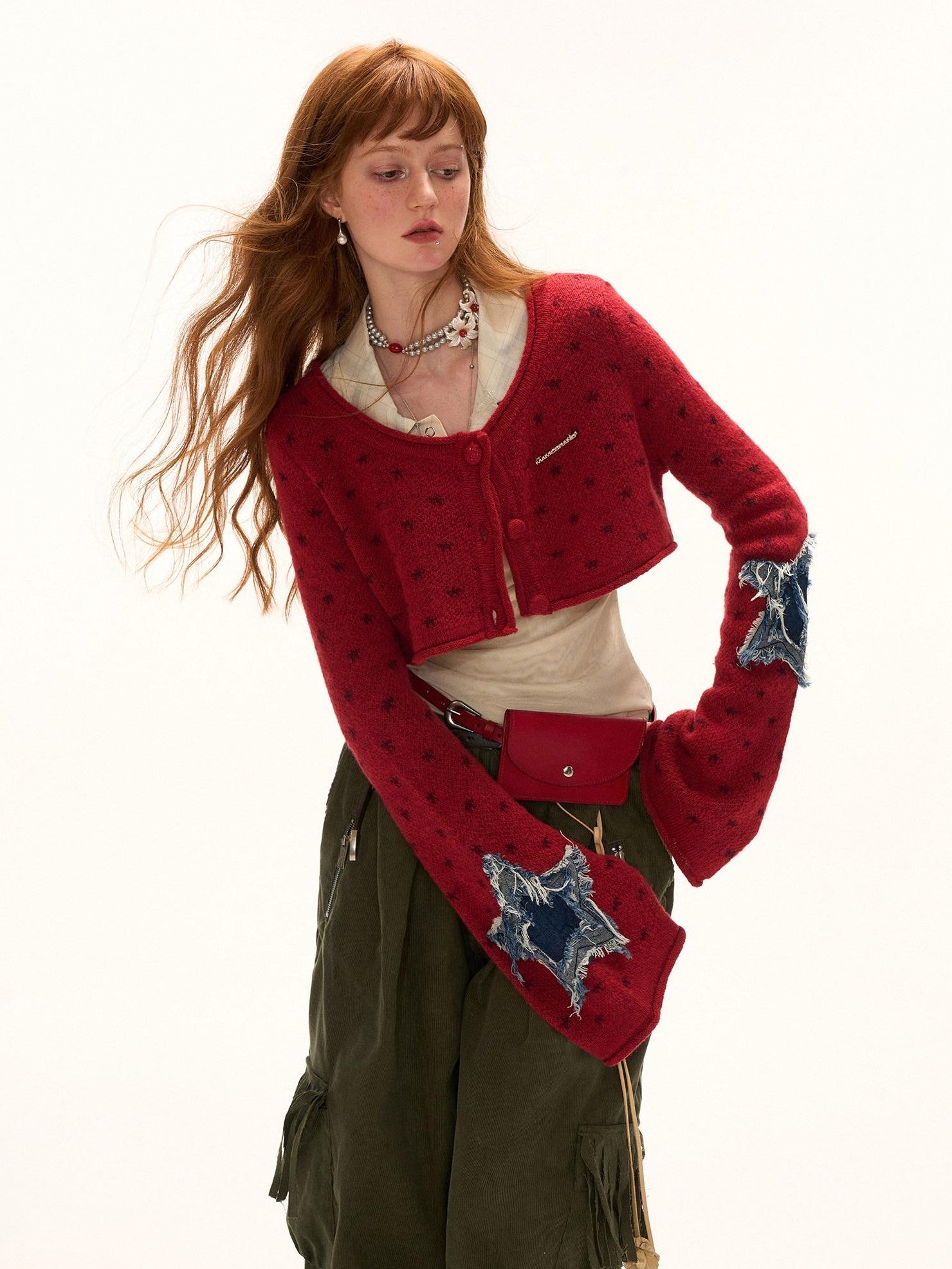 mamc Star Patch Slim Fit Long Sleeve Women's Wool Blend Cropped Cardigans