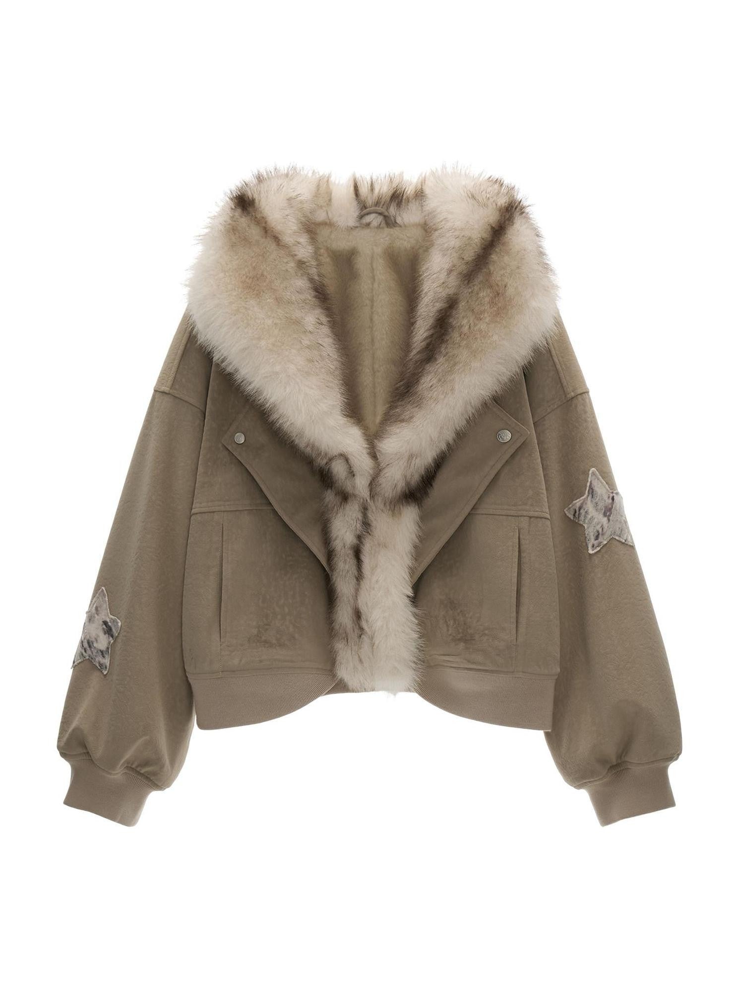 mamc Star Print Faux Two Piece Large Lapel Women's Pu Puffer Jackets