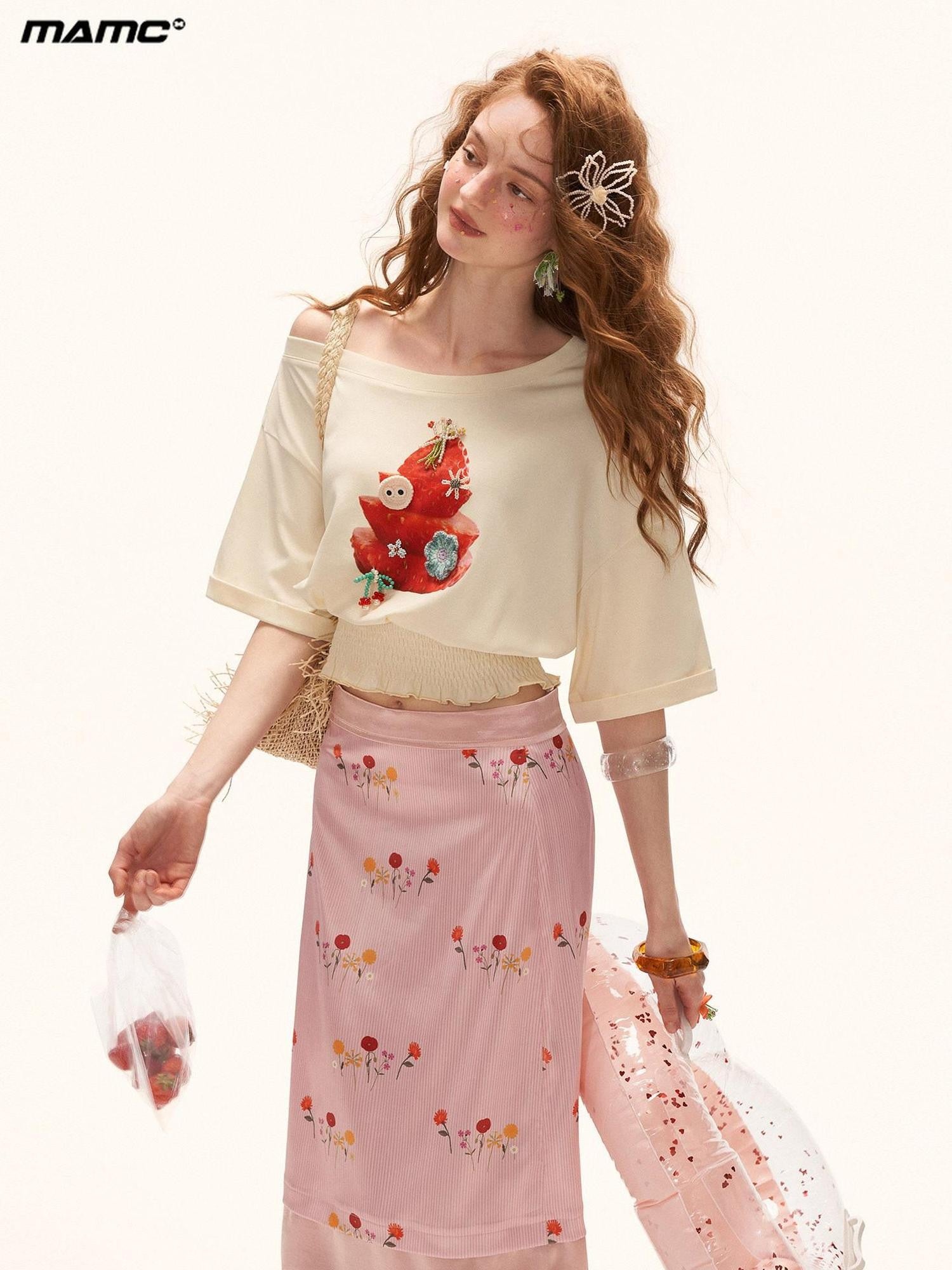 mamc Strawberry Print Cinched Waist Women's Cotton Short Sleeve T-shirts