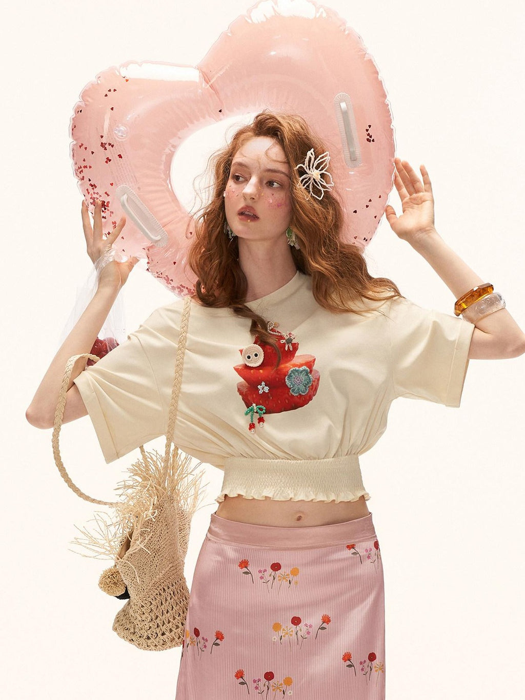 mamc Strawberry Print Cinched Waist Women's Cotton Short Sleeve T-shirts