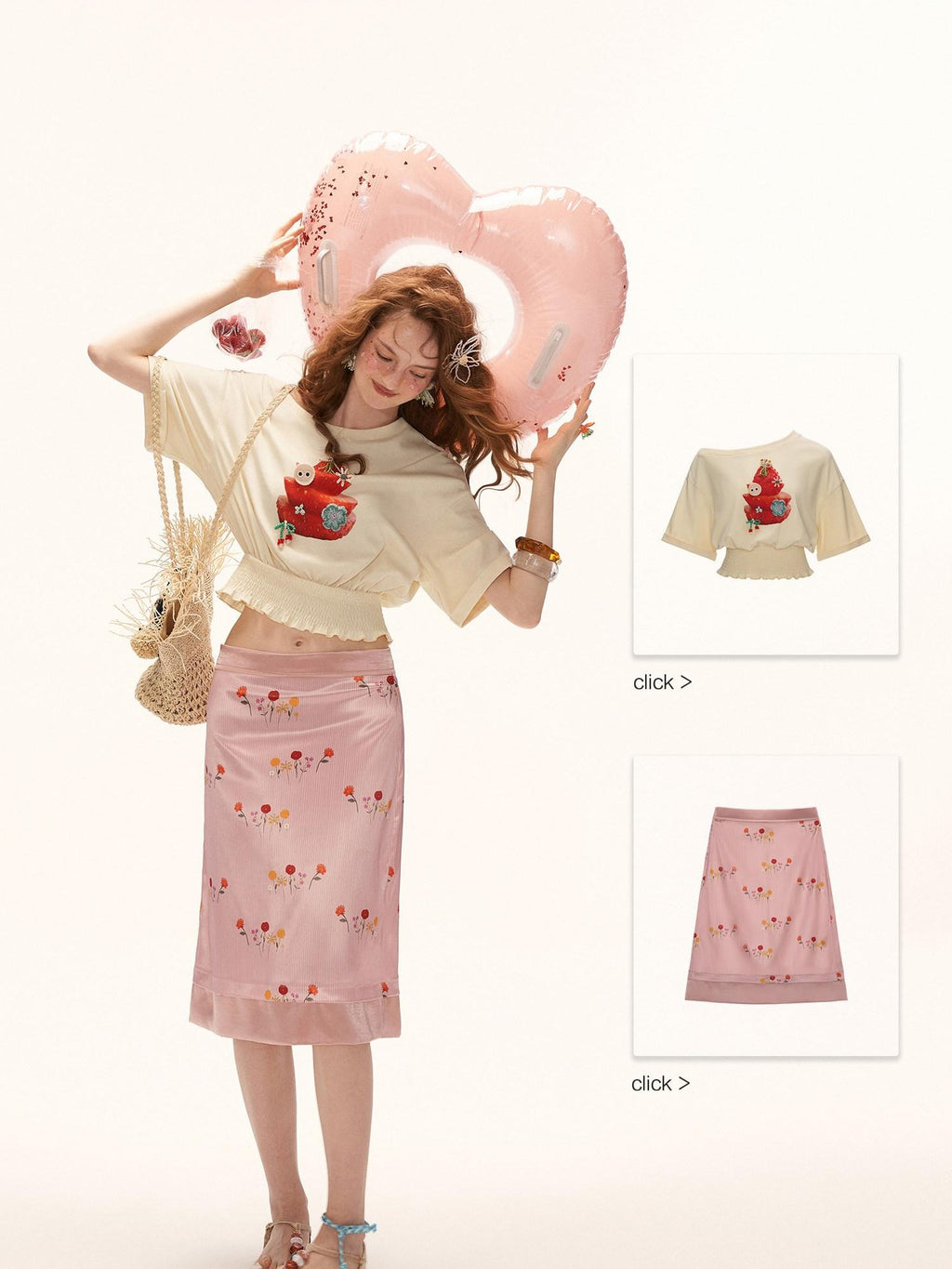 mamc Strawberry Print Cinched Waist Women's Cotton Short Sleeve T-shirts