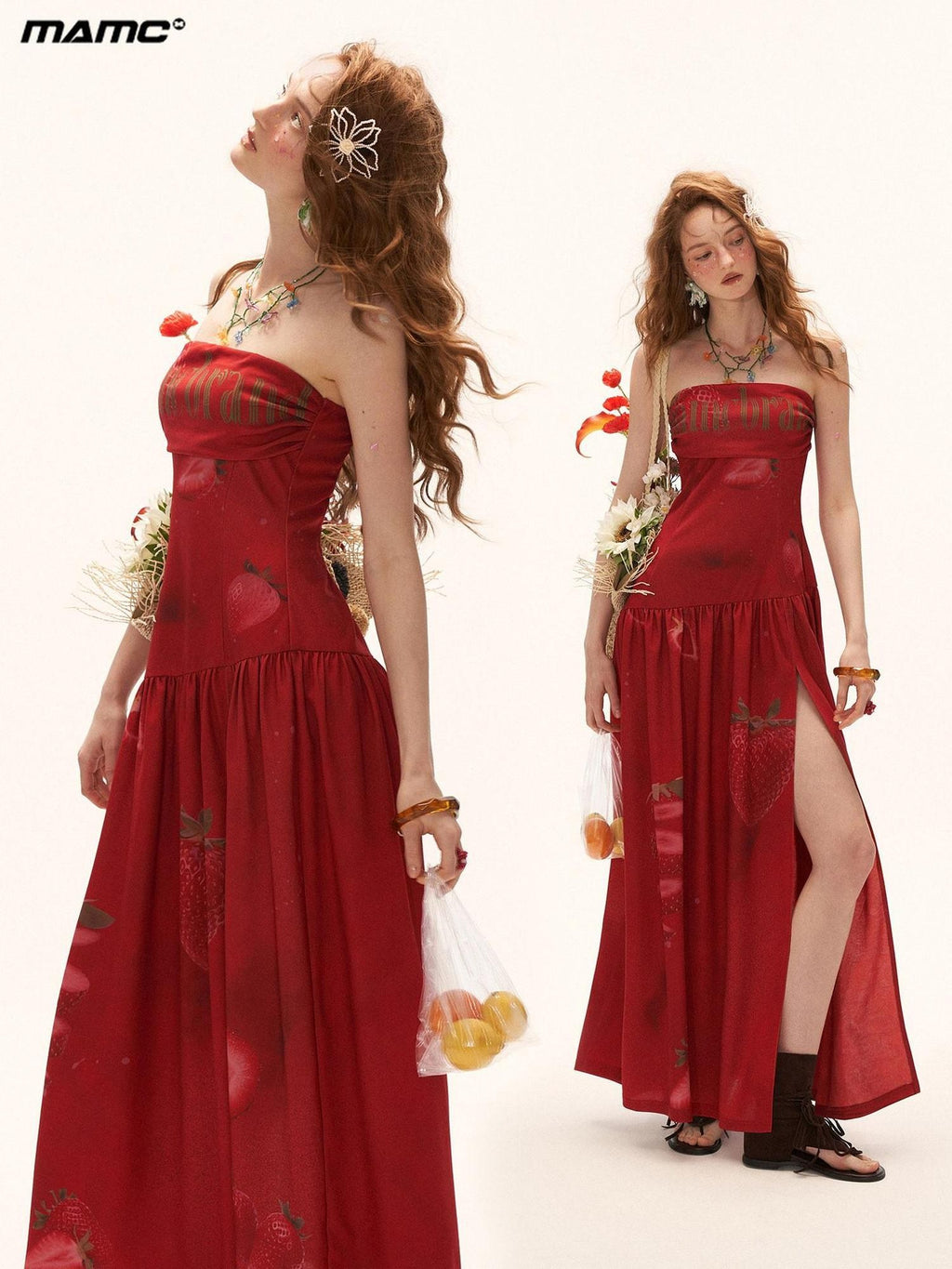 mamc Strawberry Print Cinched Waist Women's Polyester Strapless Maxi Dresses
