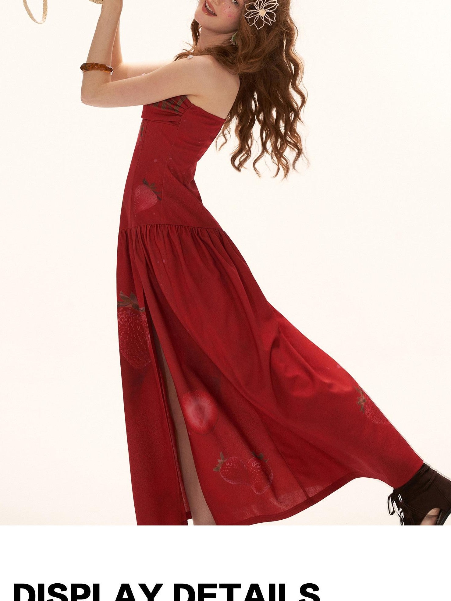 mamc Strawberry Print Cinched Waist Women's Polyester Strapless Maxi Dresses