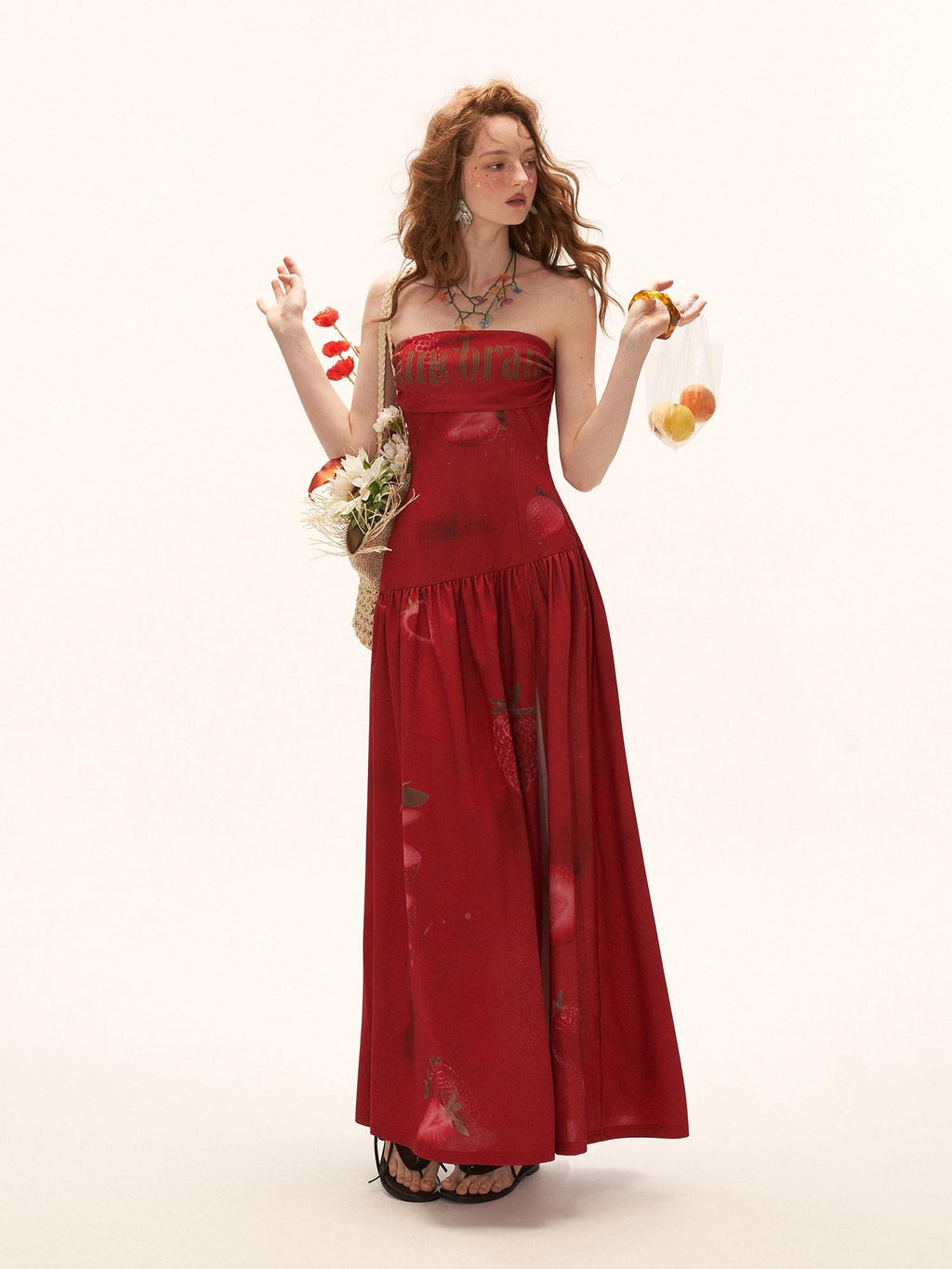 mamc Strawberry Print Cinched Waist Women's Polyester Strapless Maxi Dresses