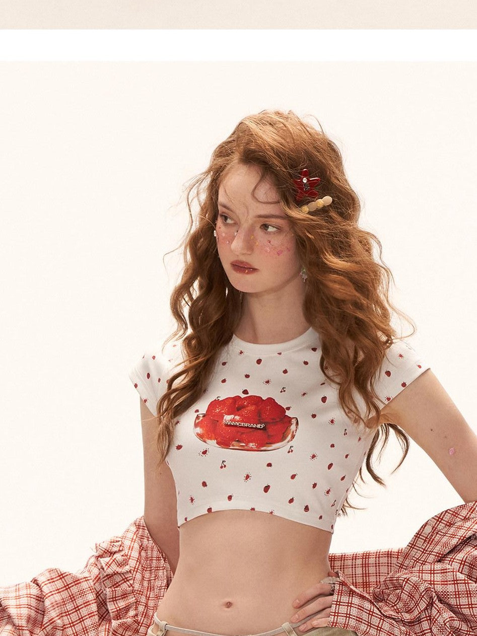 mamc Strawberry Print Short Sleeve Slim Women's Cotton Blend Crop Tops