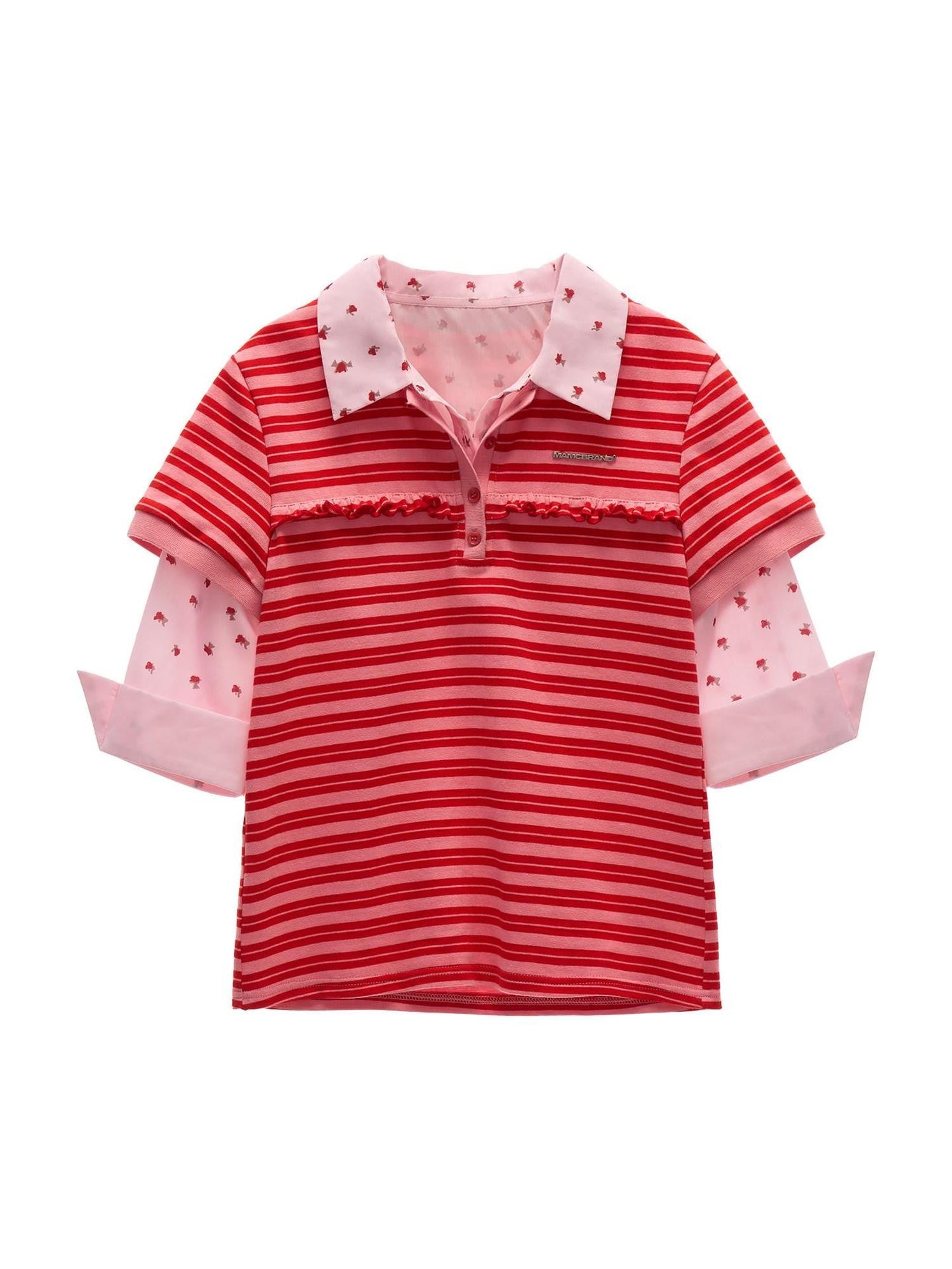 mamc Striped Faux Layered Polo Cross Print Women's Cotton Short Sleeve T-shirts