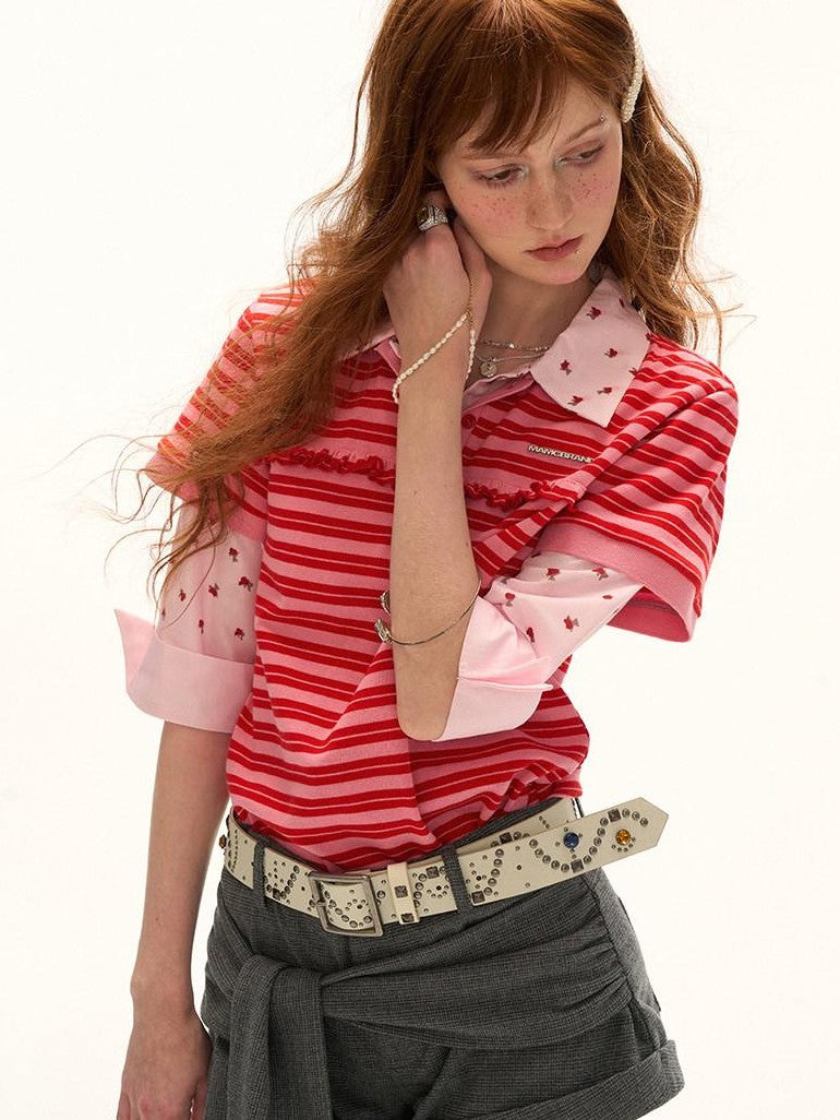 mamc Striped Faux Layered Polo Cross Print Women's Cotton Short Sleeve T-shirts