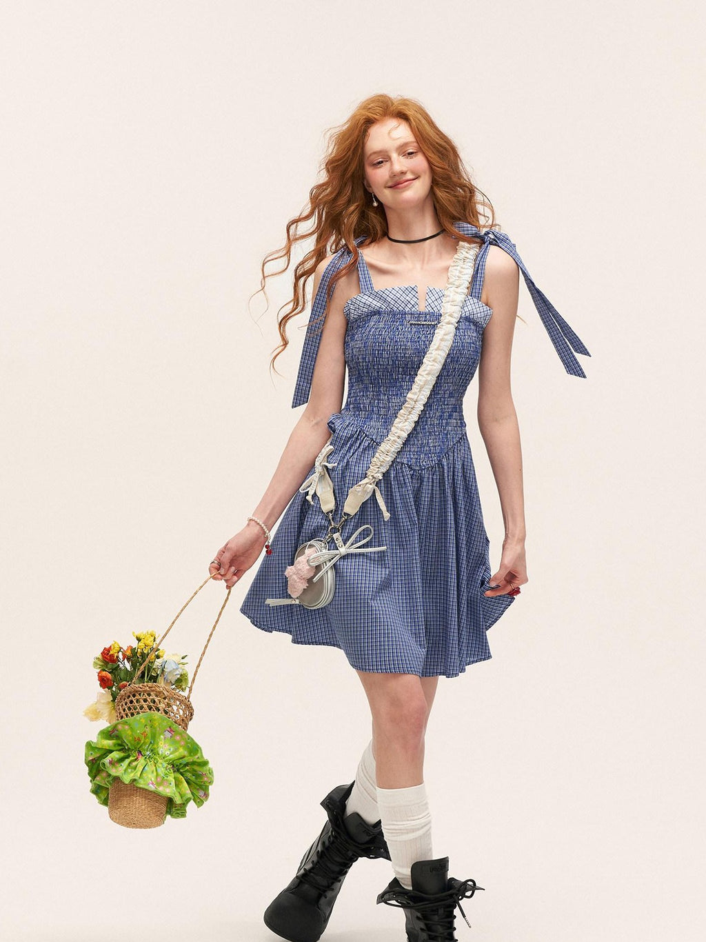 mamc Striped French Ruched Bow Waist Women's Cotton Slip Midi Dresses