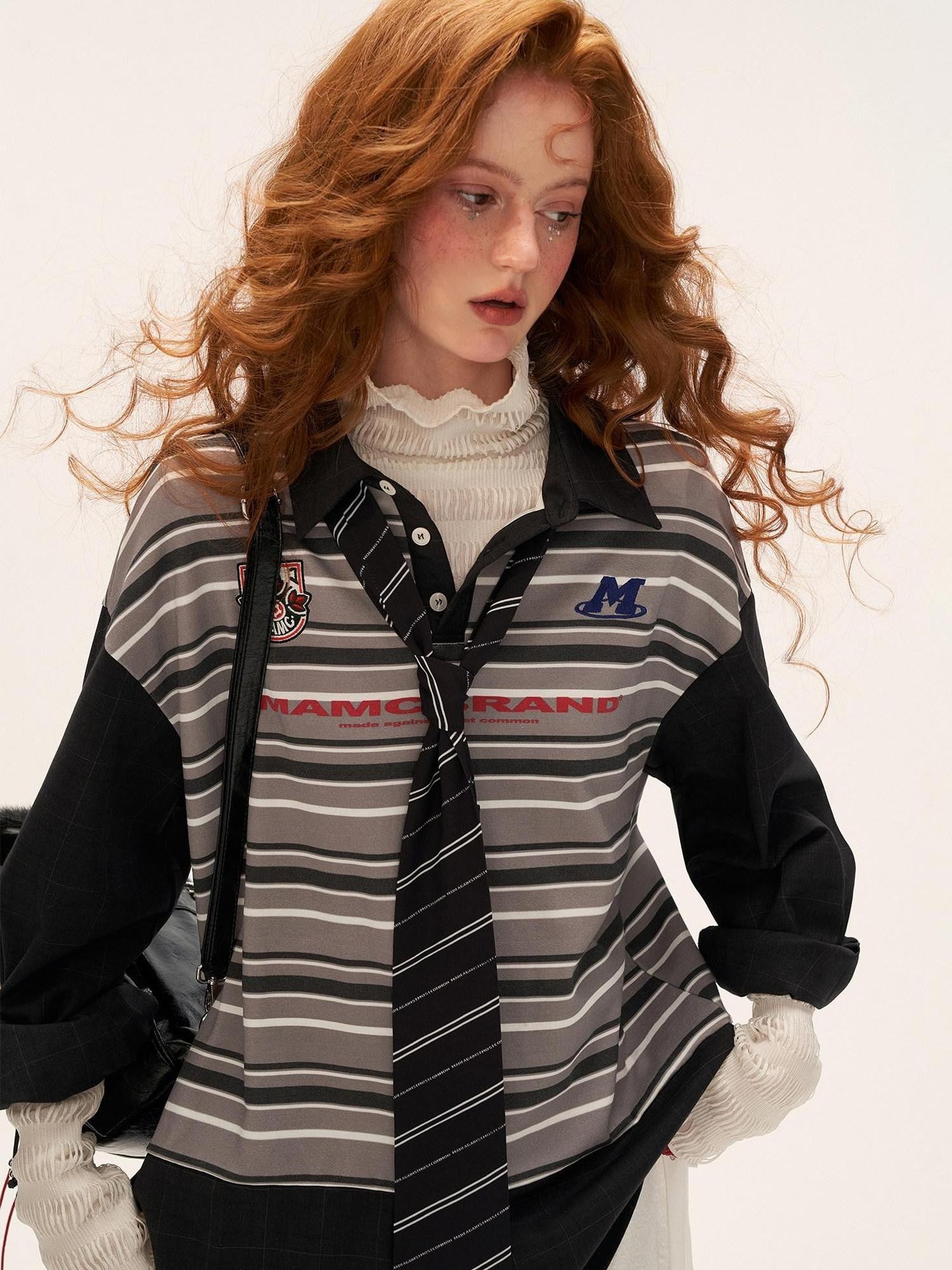 mamc Striped Patchwork Polo Collar Women's Cotton Blend Long Sleeve T-shirts
