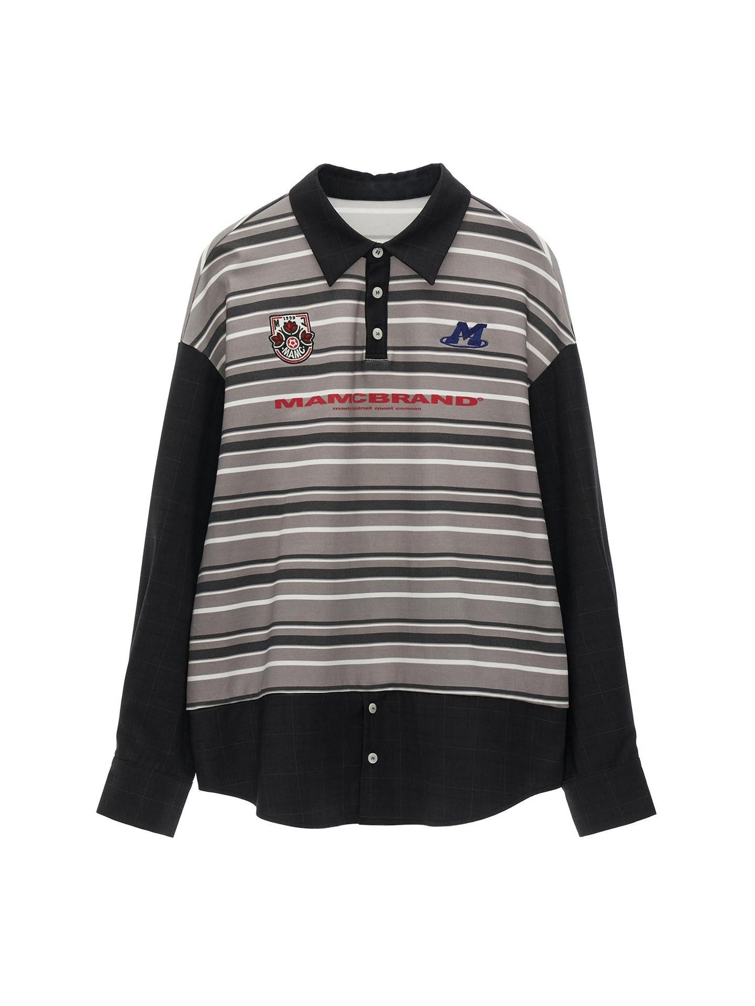 mamc Striped Patchwork Polo Collar Women's Cotton Blend Long Sleeve T-shirts