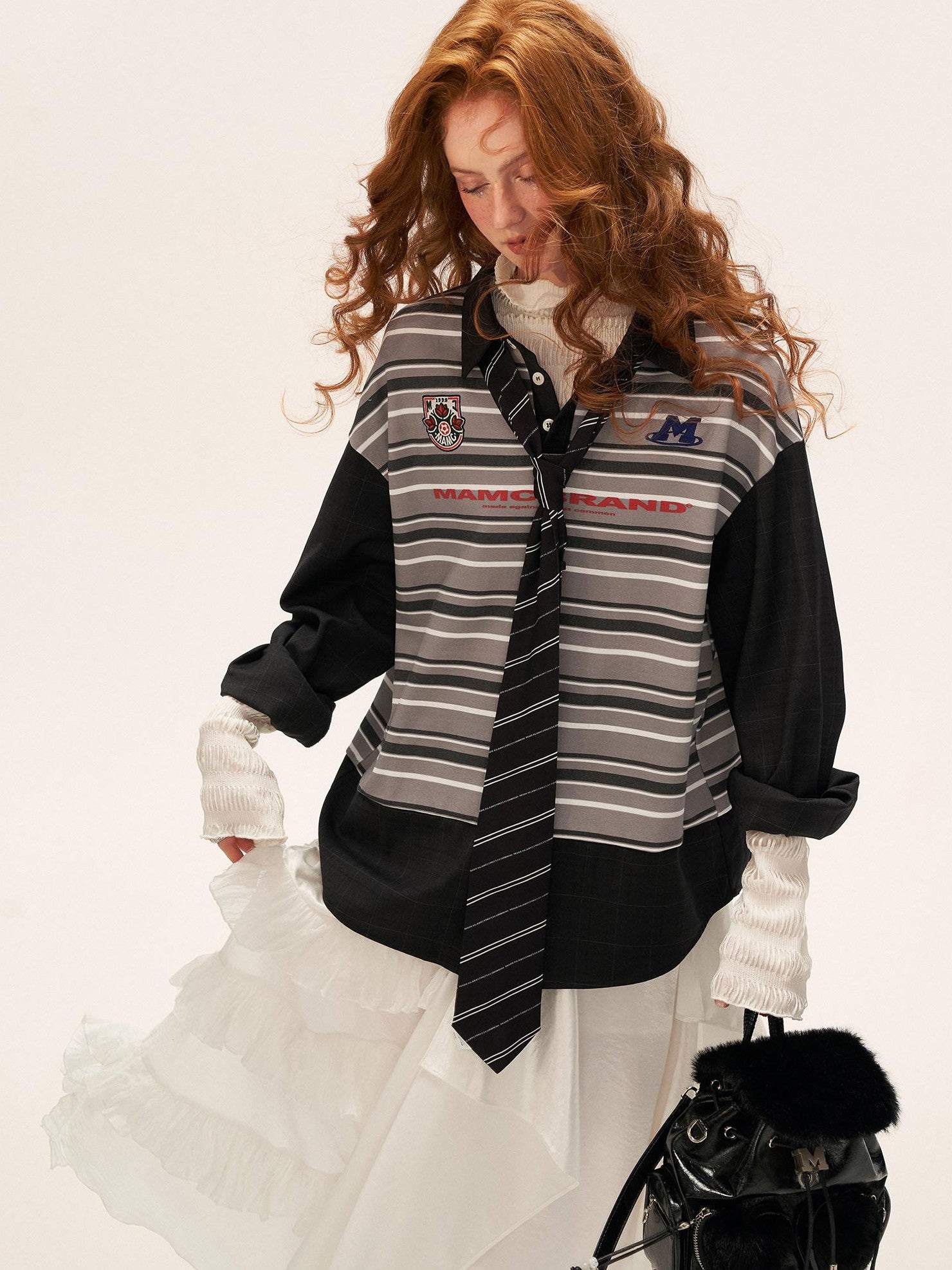 mamc Striped Patchwork Polo Collar Women's Cotton Blend Long Sleeve T-shirts