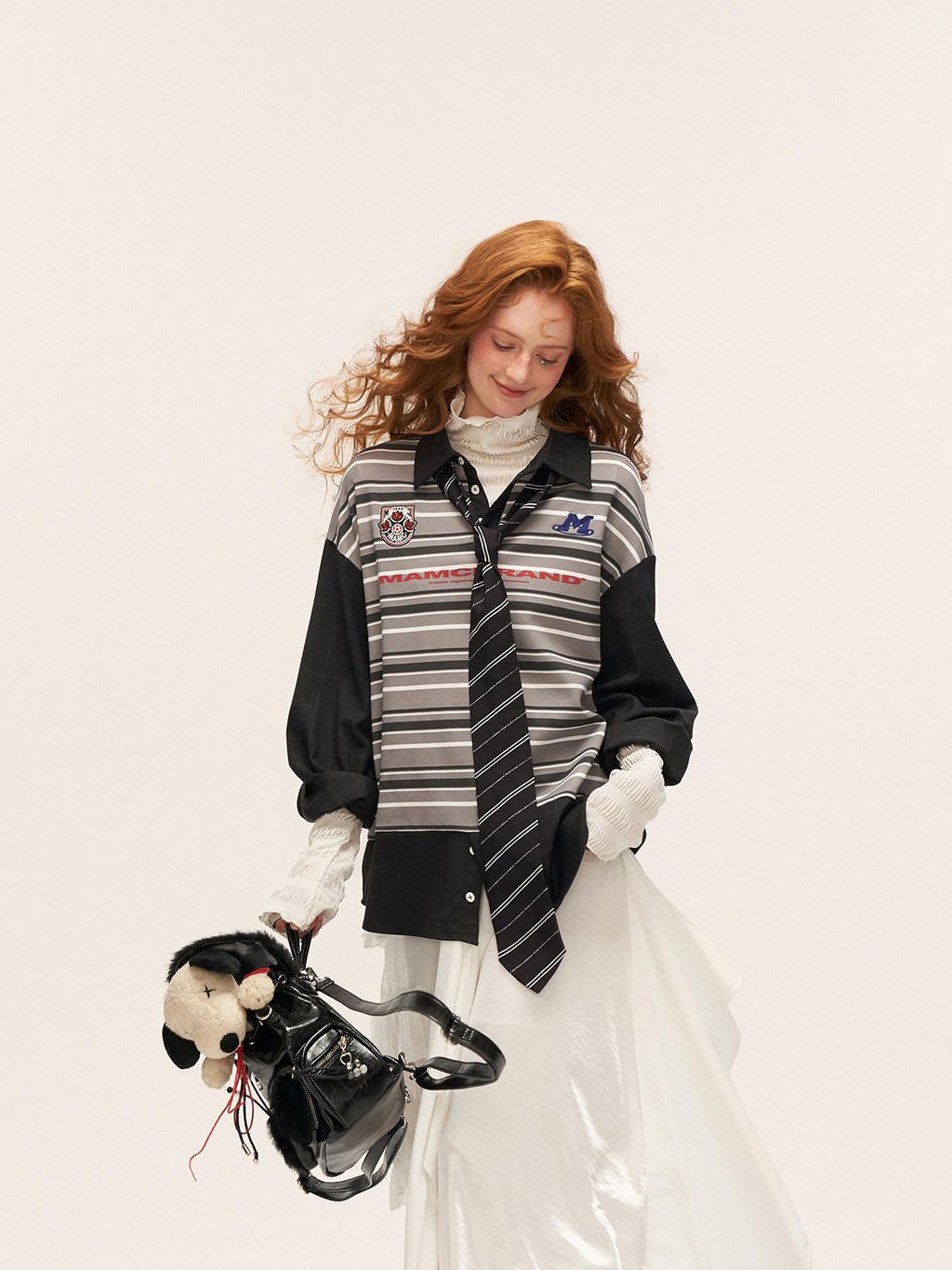 mamc Striped Patchwork Polo Collar Women's Cotton Blend Long Sleeve T-shirts
