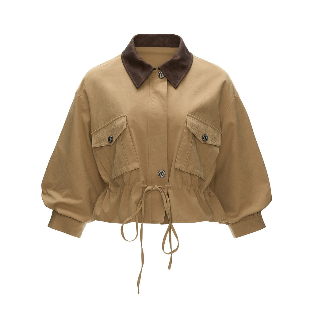 mamc_Textured_Faux_Leather_Collar_Cinched_Waist_Utility_Women's_Cotton_Cropped_Jackets_1094345652930_MISSTT