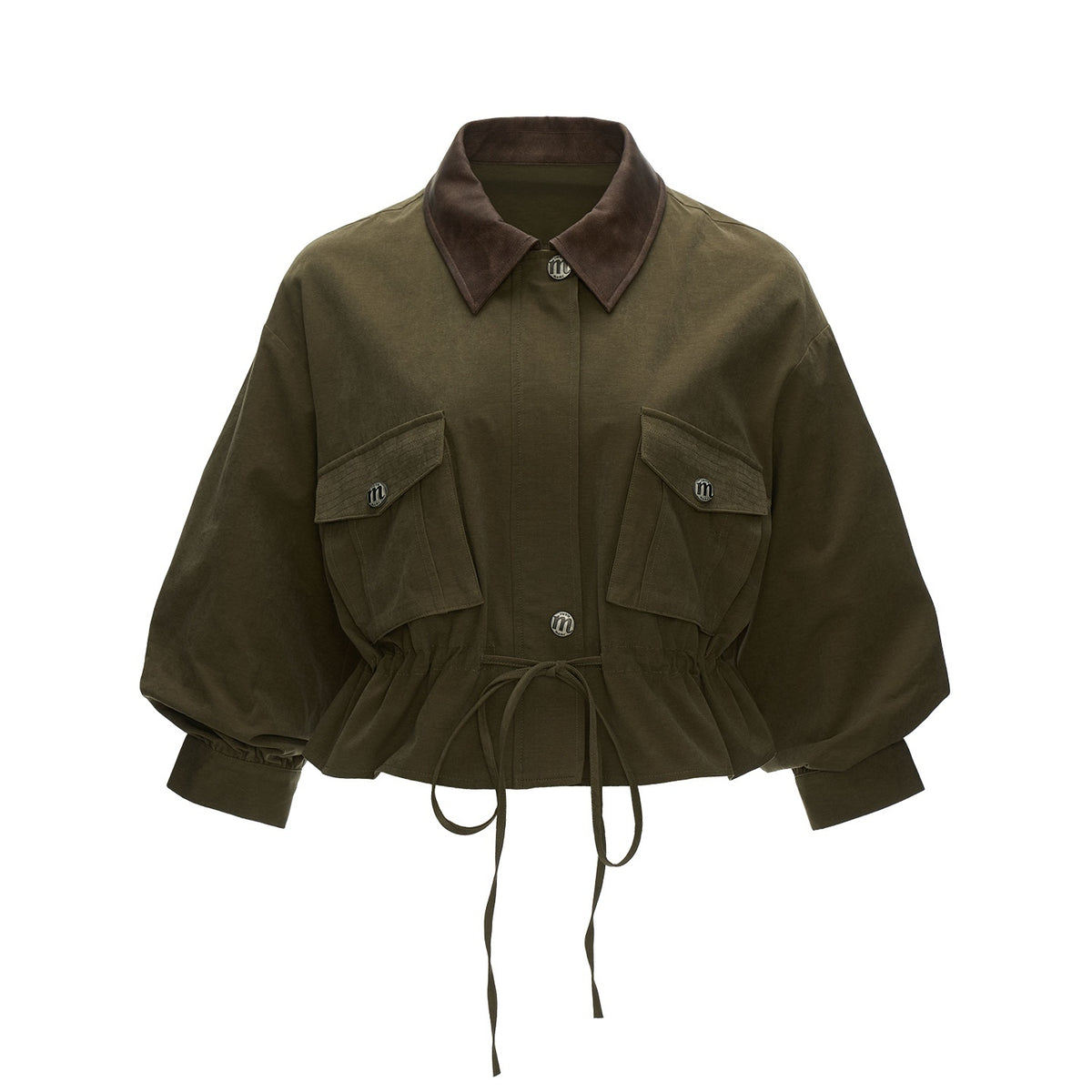 mamc_Textured_Faux_Leather_Collar_Cinched_Waist_Utility_Women's_Cotton_Cropped_Jackets_1094345652930_MISSTT