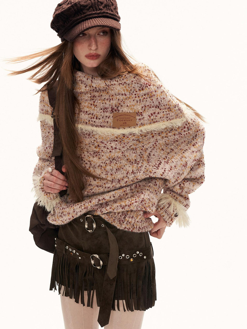 mamc Textured Knit Slanted Shoulder Tassel High Neck Women's Poly Blend Sweaters