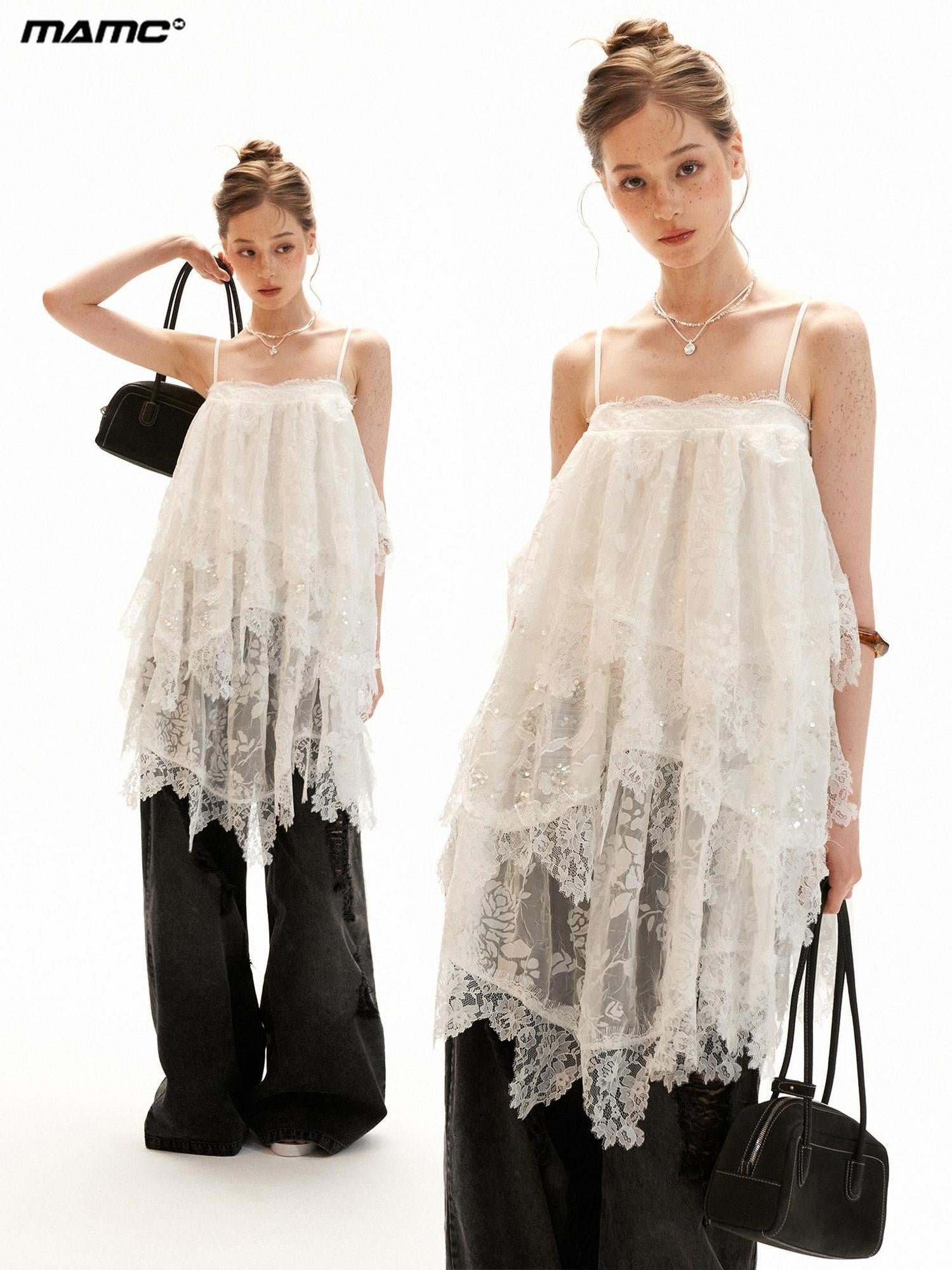mamc Textured White Lace Asymmetric Women's Viscose Polyester Slip Mini Dresses