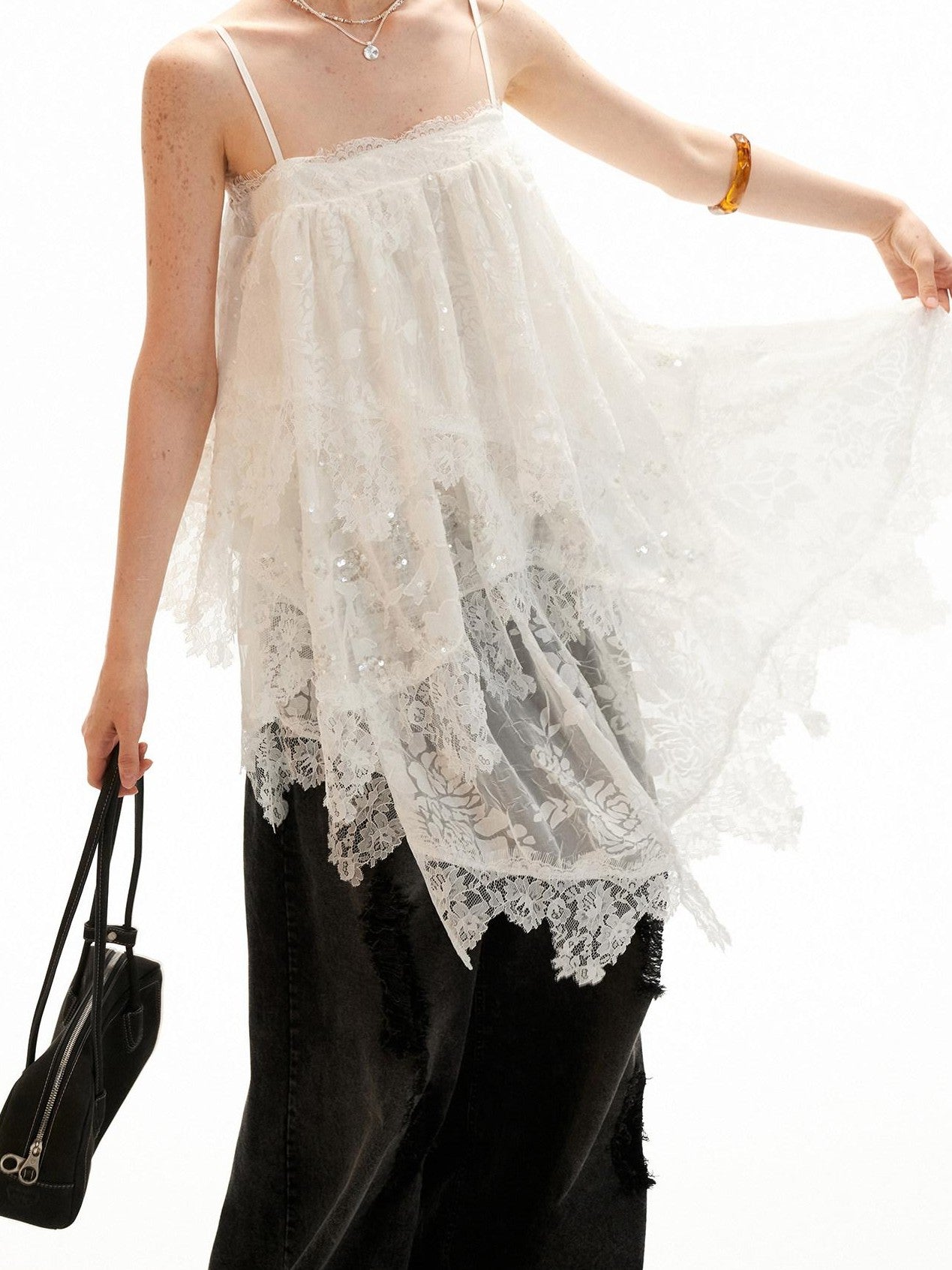 mamc Textured White Lace Asymmetric Women's Viscose Polyester Slip Mini Dresses