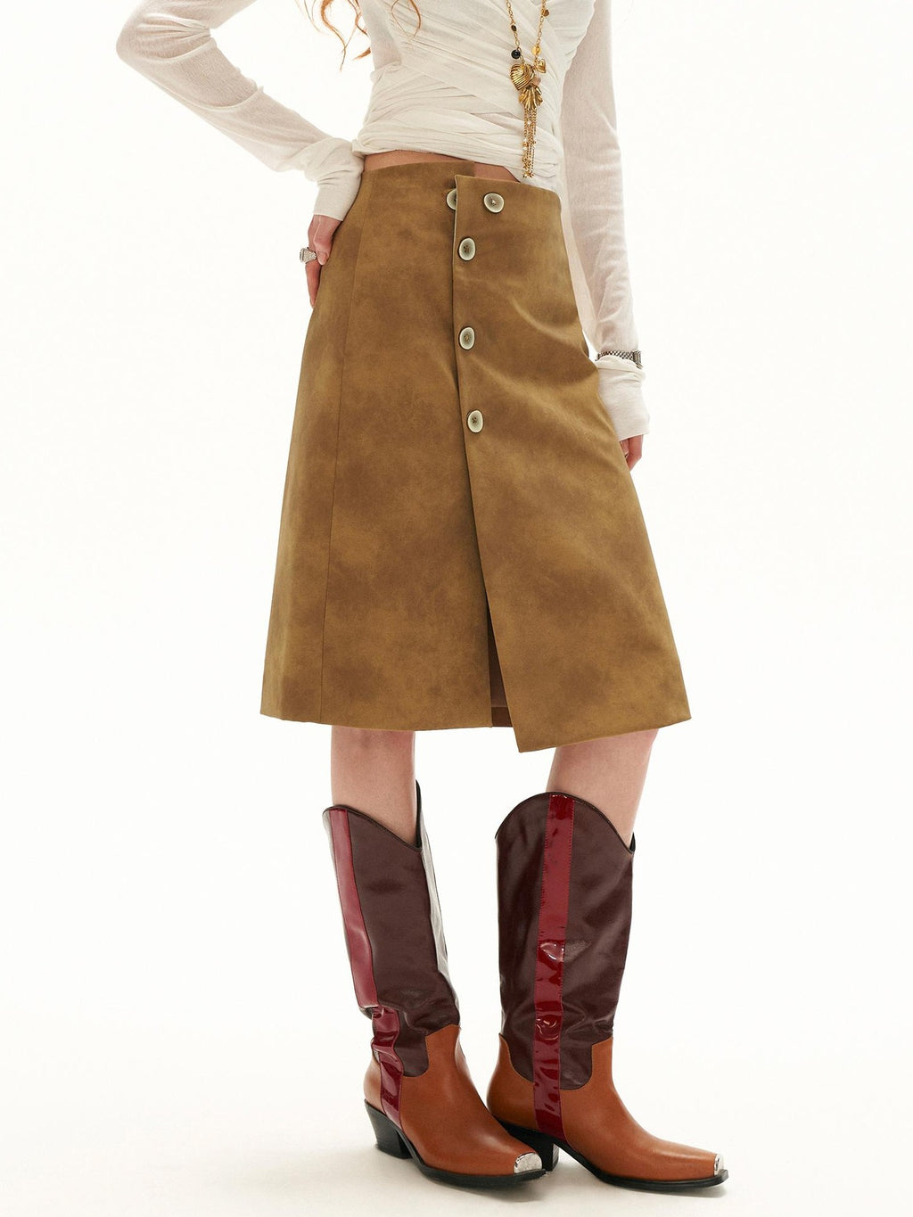 mamc Tie Dye Faux Leather Buttoned Asymmetric Waist A Line Women's Midi Skirts