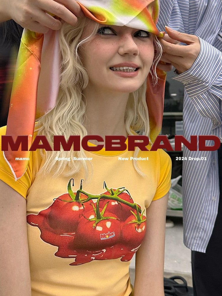 mamc Tomato Print Round Neck Short Sleeve Slim Fit Women's Cotton Blend Crop Tops