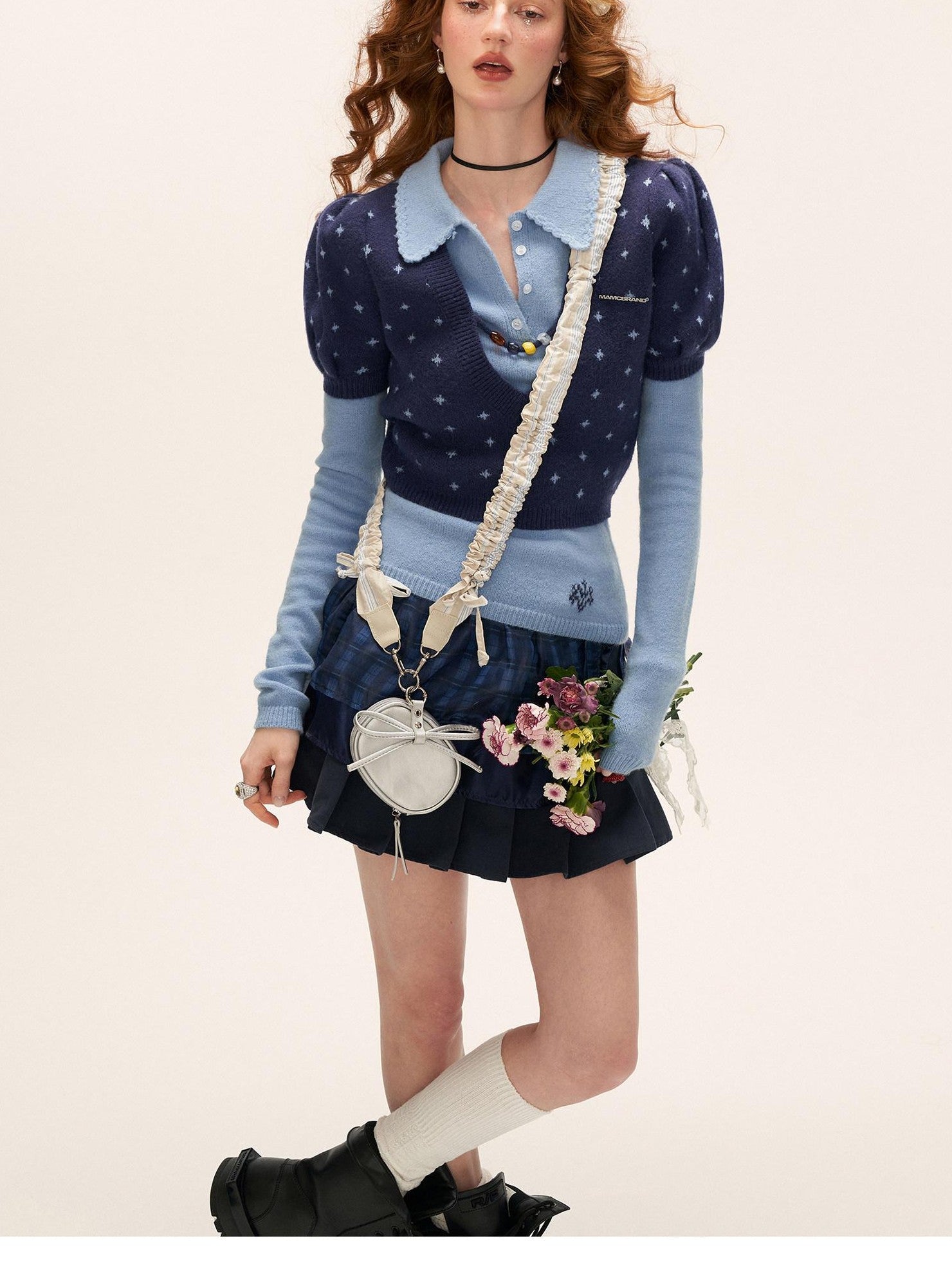 mamc Vintage Crochet Floral V-neck Puff Sleeve Slim Fit Women's Acrylic Sweaters