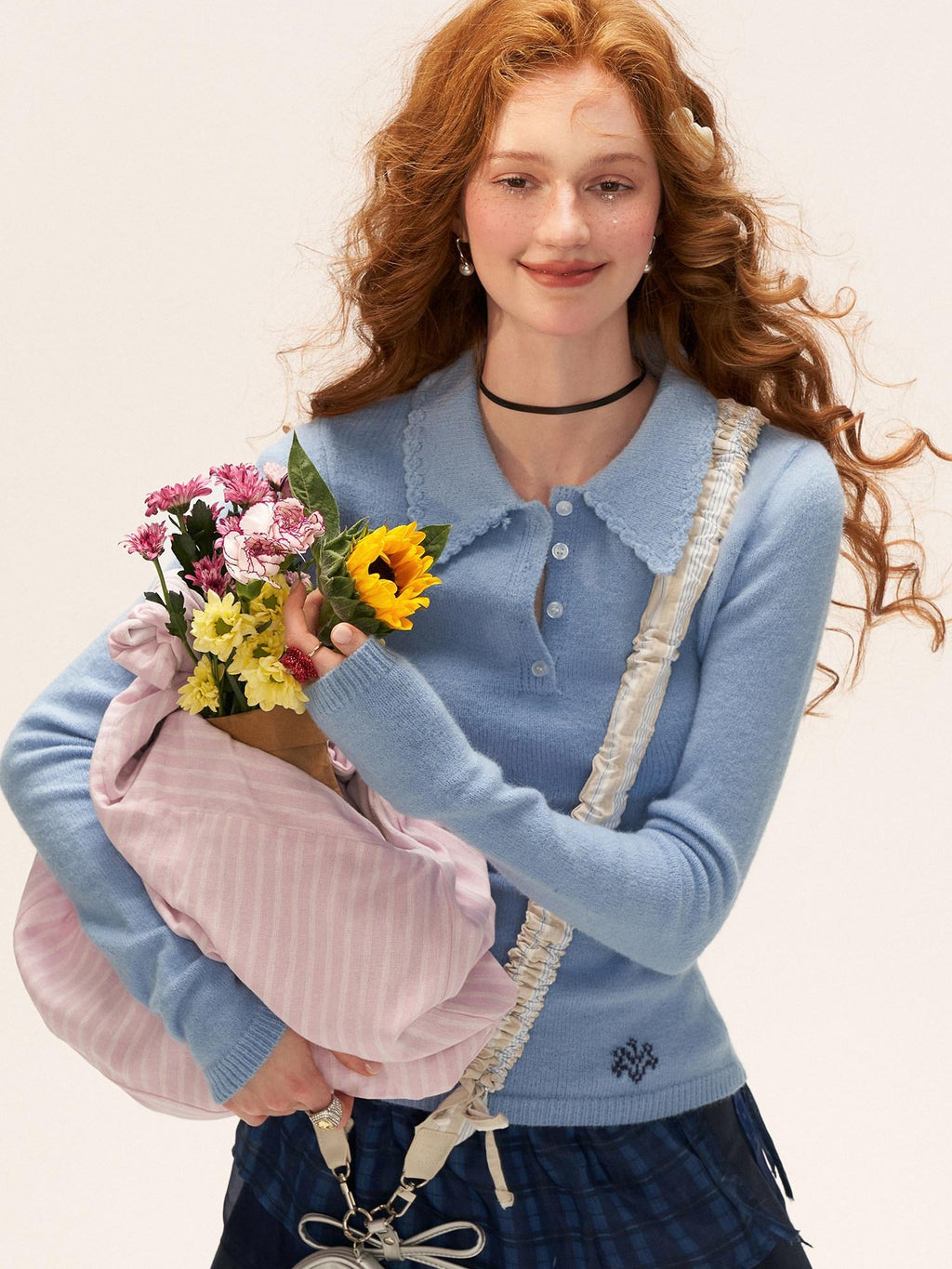 mamc Vintage Crochet Floral V-neck Puff Sleeve Slim Fit Women's Acrylic Sweaters
