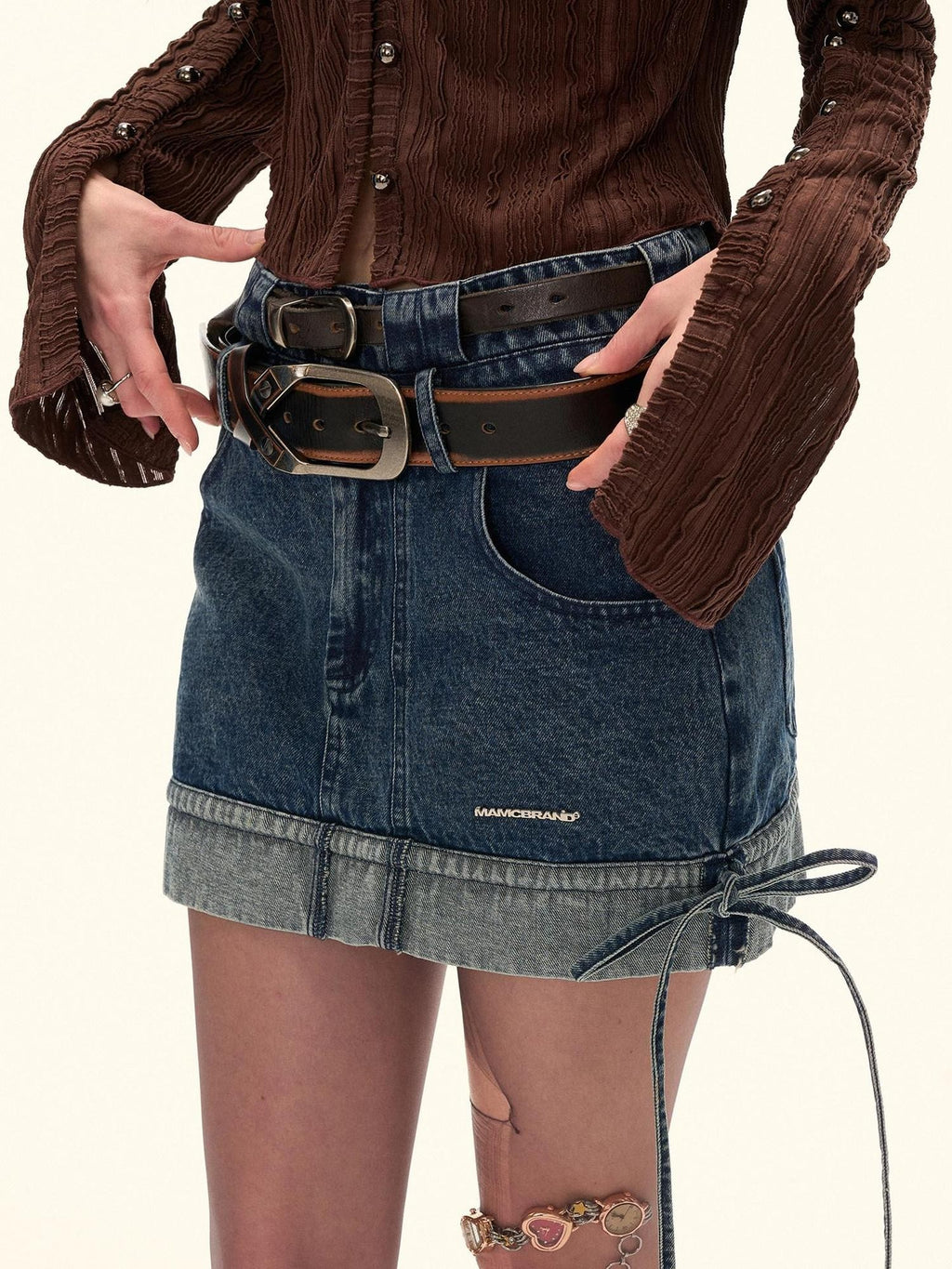 mamc Vintage Double Waistband Slim Women's Cotton Denim Mini Skirts