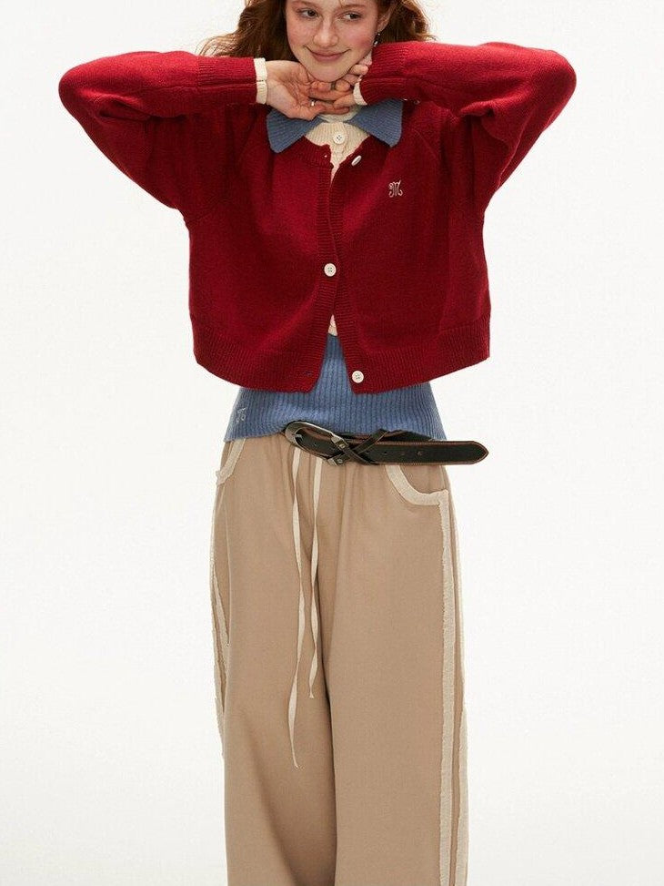 mamc Vintage Knit Faux Two Piece College Style Women's Acrylic Blend Cardigans