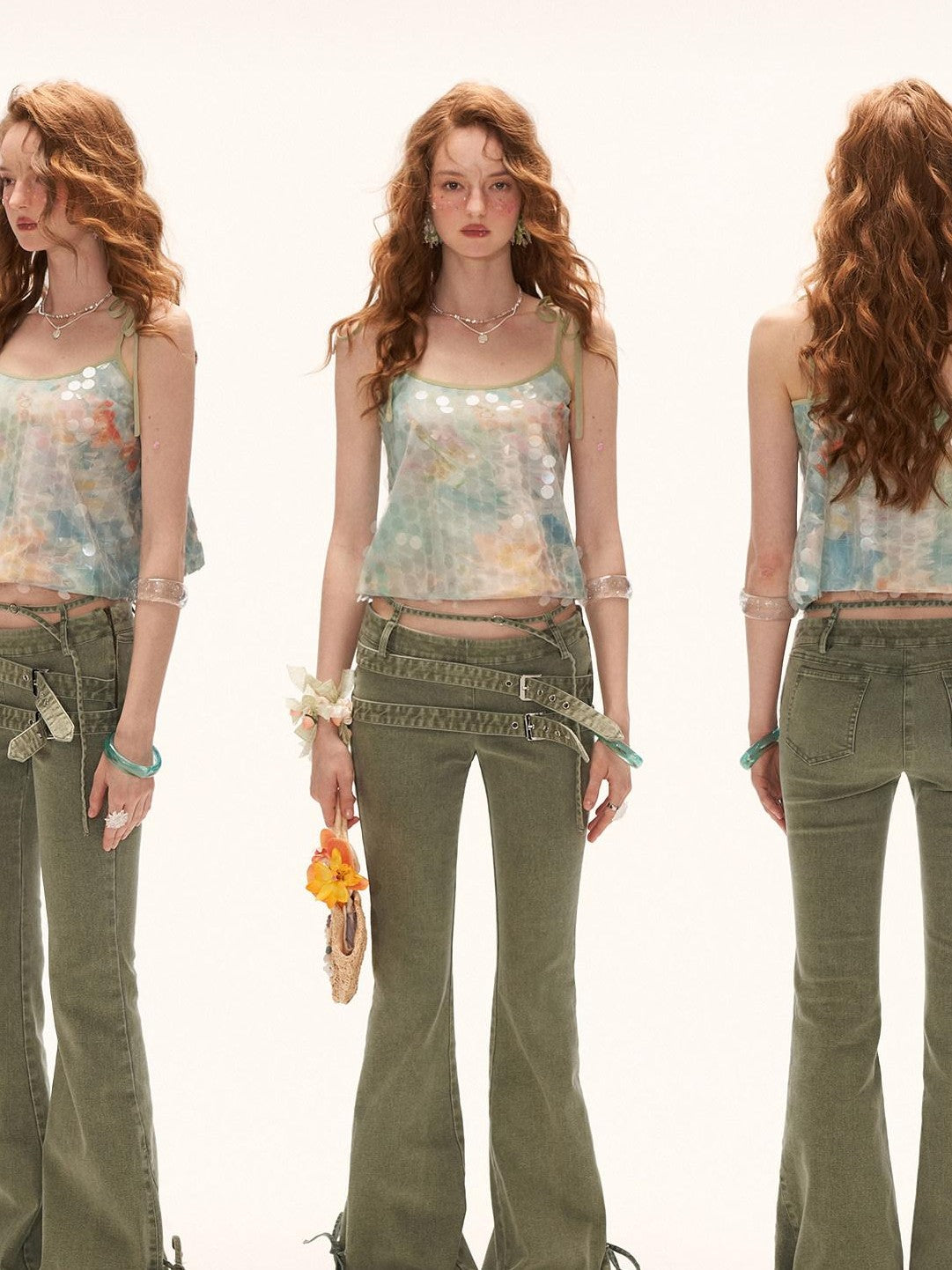 mamc Vintage Multi Belt Slimming High Waist Women's Cotton Blend Flare Jeans