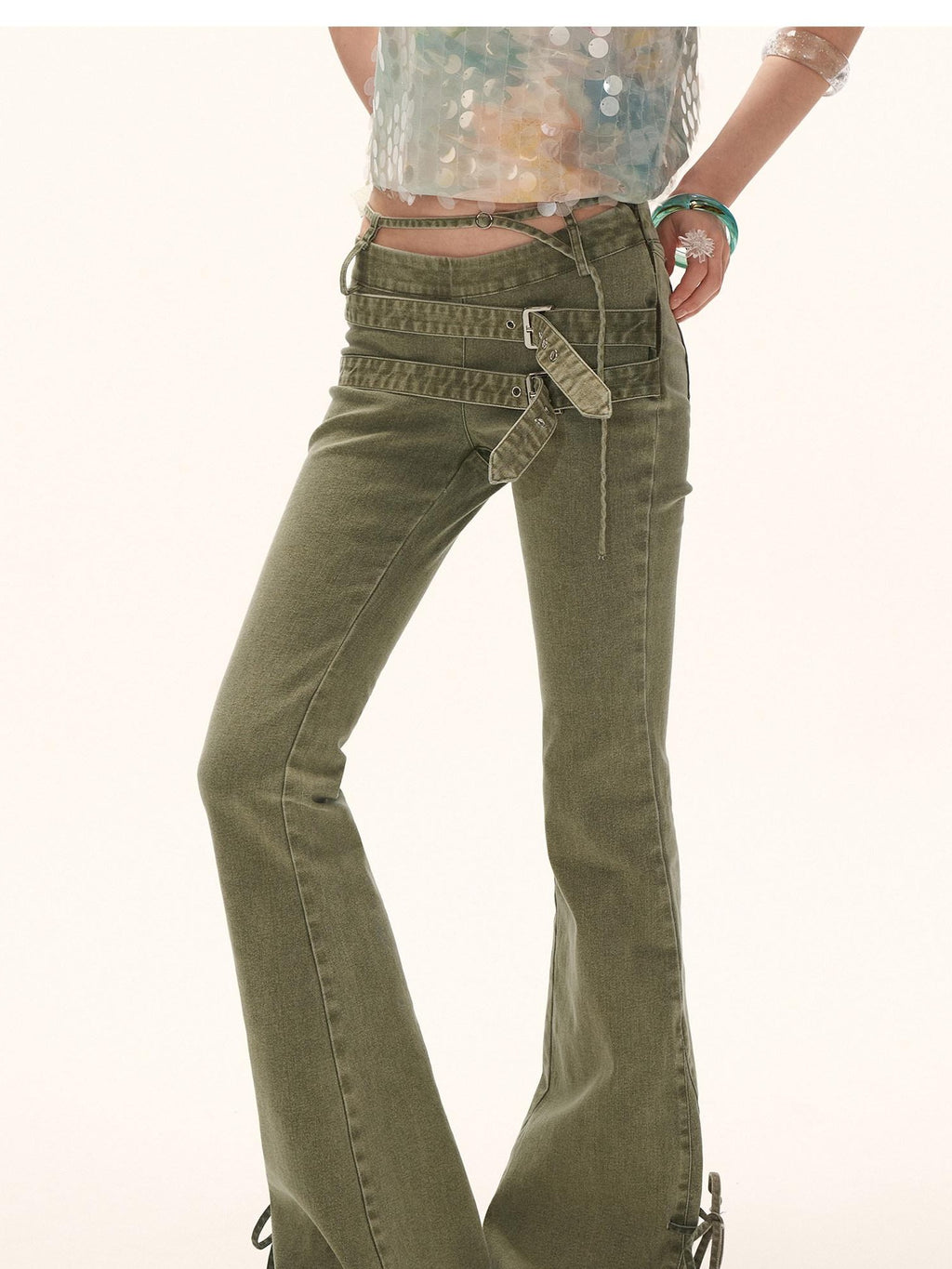 mamc Vintage Multi Belt Slimming High Waist Women's Cotton Blend Flare Jeans