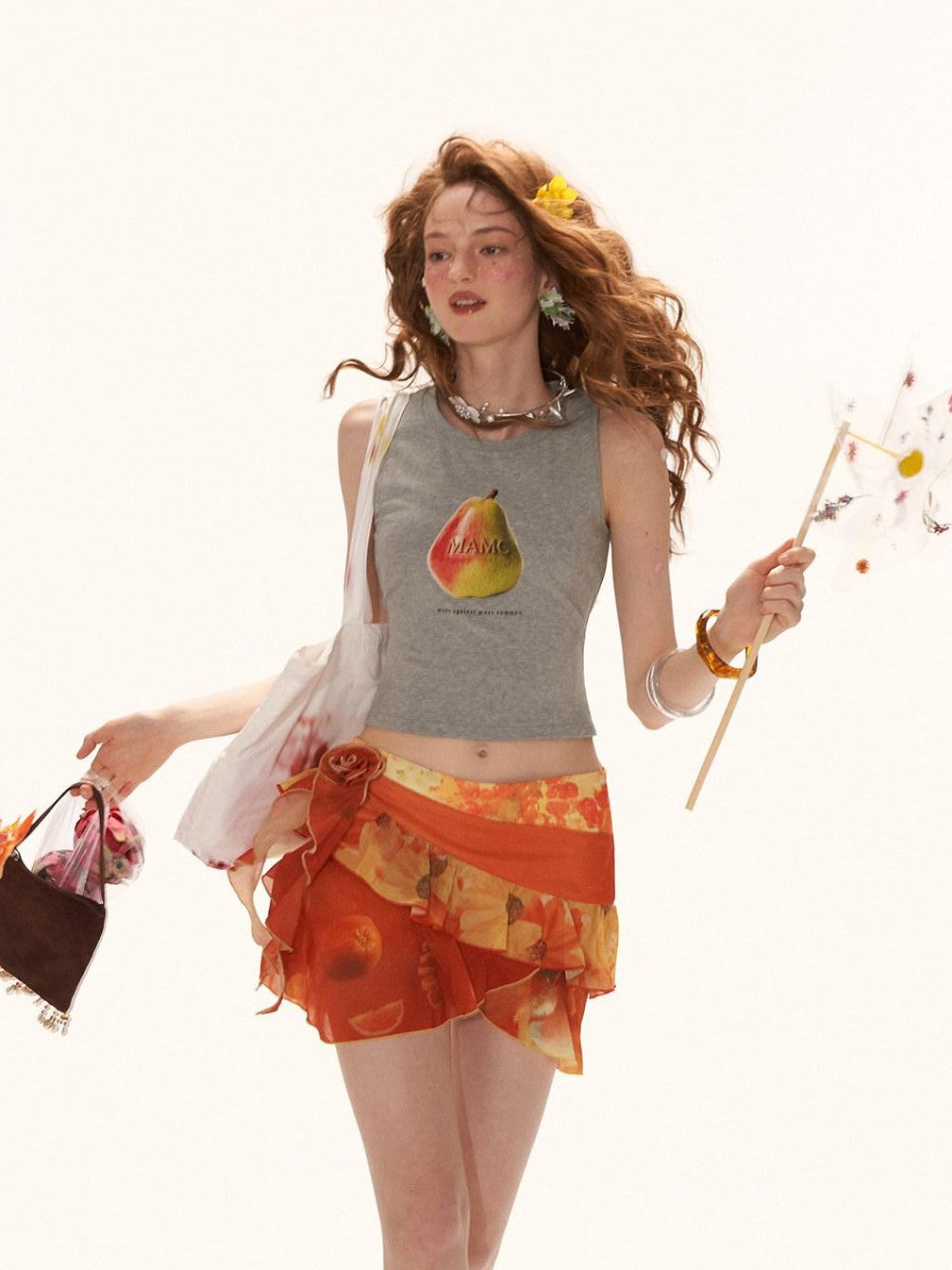mamc Vintage Pear Print Slim Cropped Round Neck Women's Viscose Blend Tank Tops