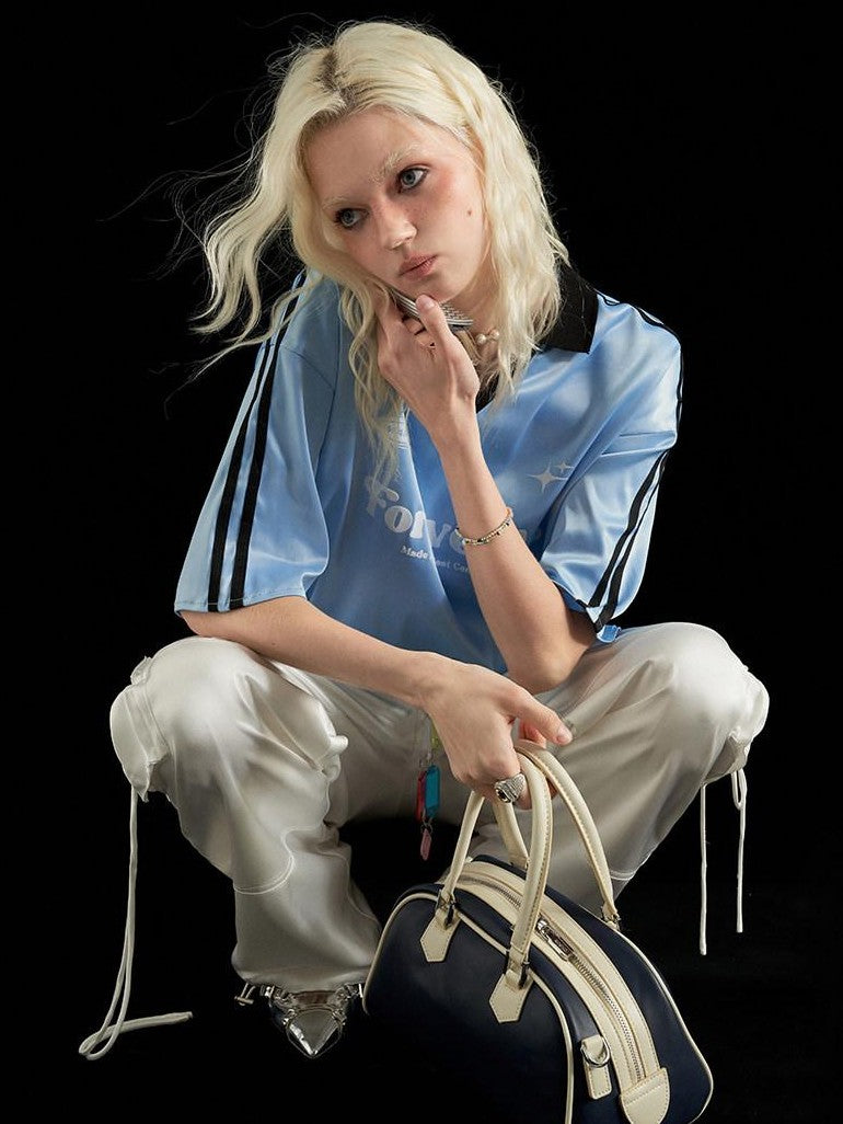 mamc Vintage Striped Satin Polo Collar Cropped Women's Polyester Oversized T-shirts