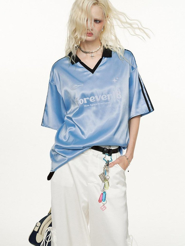 mamc Vintage Striped Satin Polo Collar Cropped Women's Polyester Oversized T-shirts