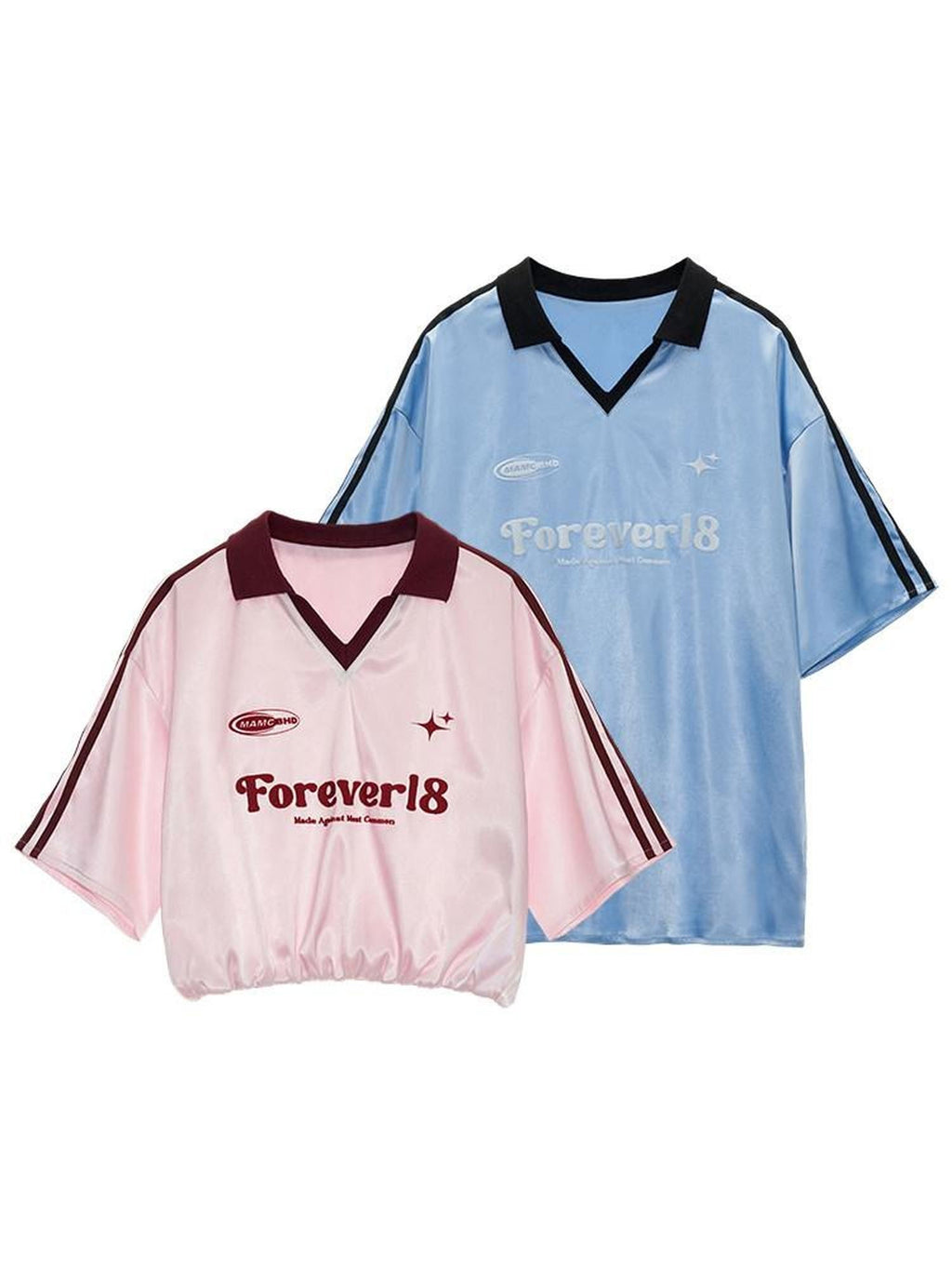 mamc Vintage Striped Satin Polo Collar Cropped Women's Polyester Oversized T-shirts