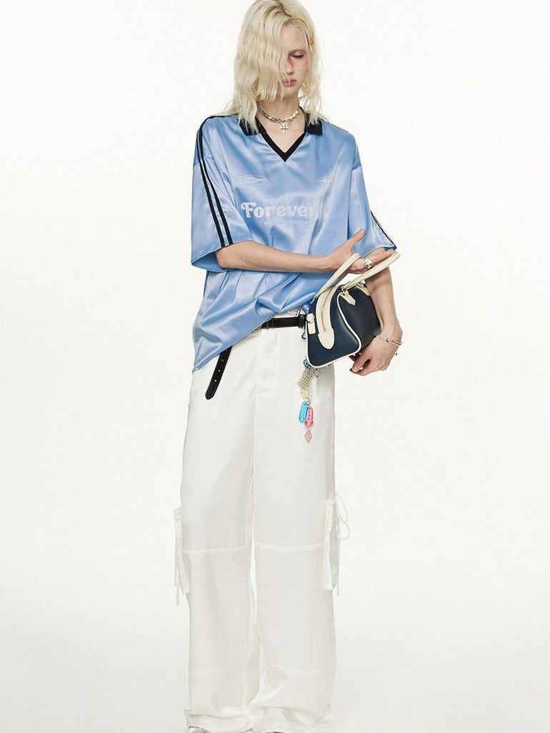 mamc Vintage Striped Satin Polo Collar Cropped Women's Polyester Oversized T-shirts