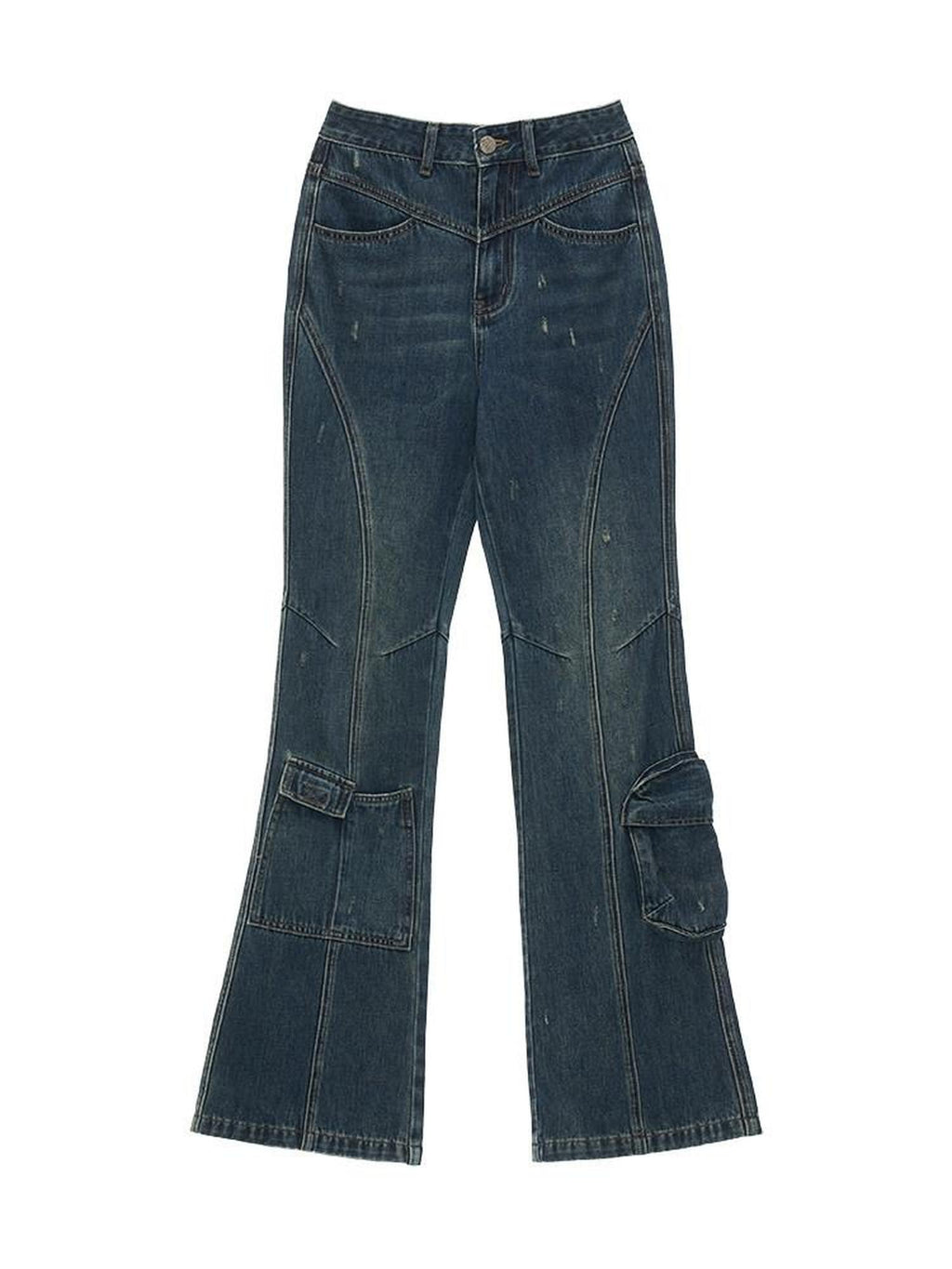 mamc Vintage Washed Distressed Utility Women's 100 Percent Cotton Flare Jeans