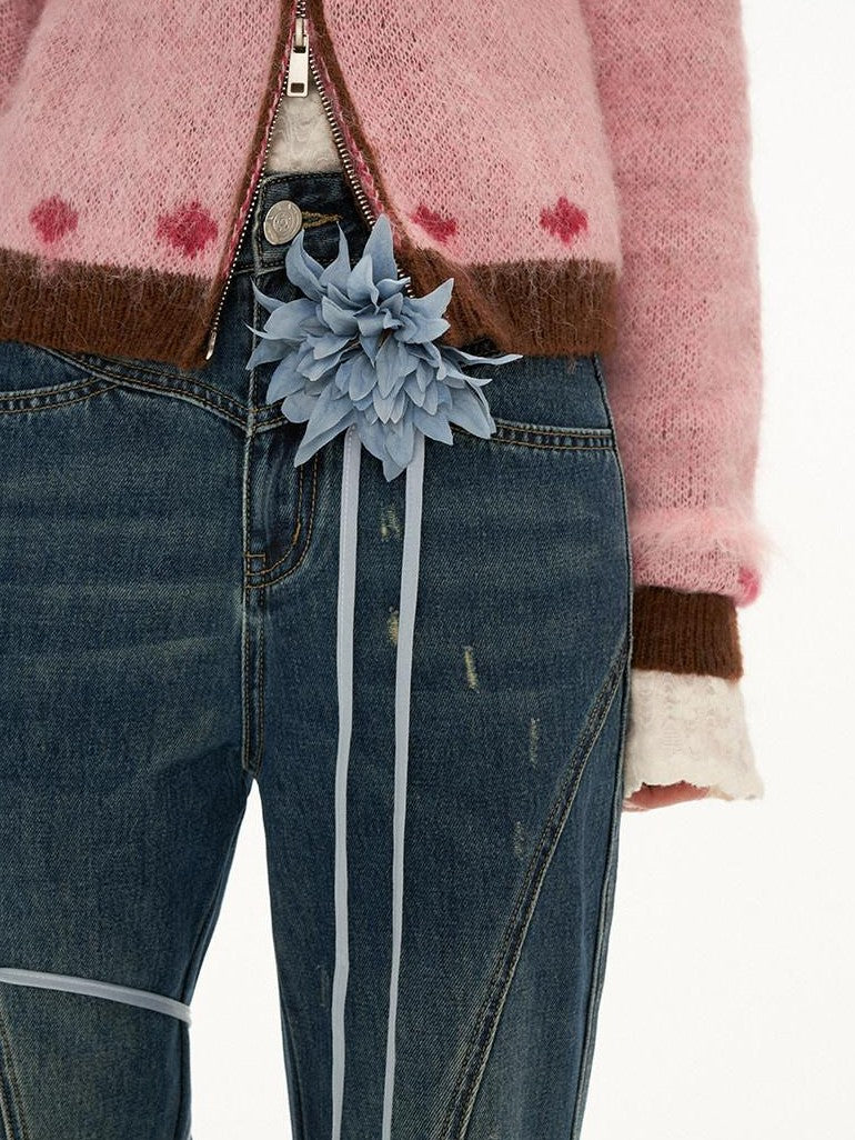 mamc Vintage Washed Distressed Utility Women's 100 Percent Cotton Flare Jeans