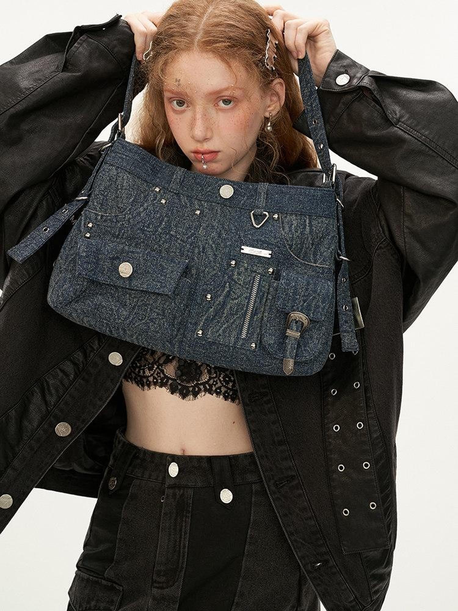 mamc Vintage Washed Underarm Top Handle Convertible Crossbody Women's Denim Hobo Bags