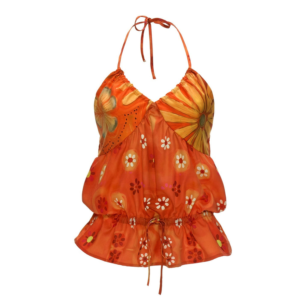 mamc_Warm_Orange_Floral_Drawstring_Backless_V-neck_Women's_Polyester_Halter_Tops_1052031434403_MISSTT
