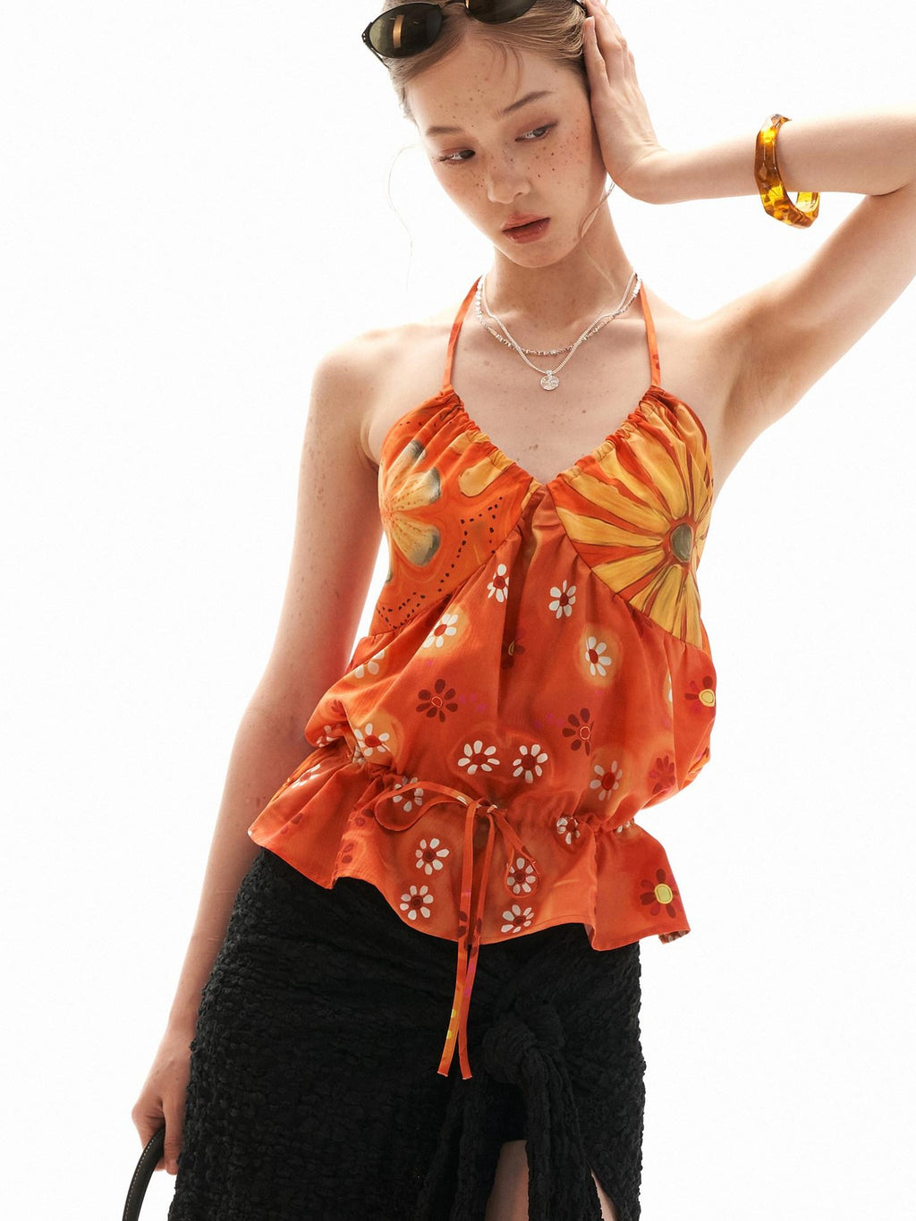 mamc Warm Orange Floral Drawstring Backless V-neck Women's Polyester Halter Tops