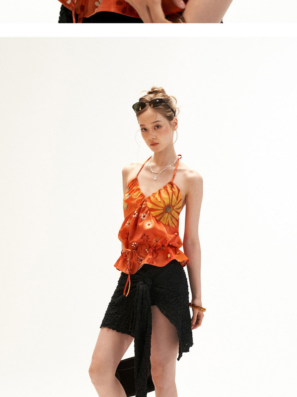 mamc Warm Orange Floral Drawstring Backless V-neck Women's Polyester Halter Tops