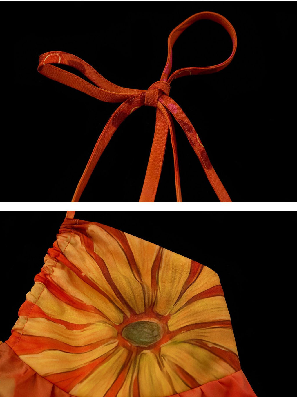 mamc Warm Orange Floral Drawstring Backless V-neck Women's Polyester Halter Tops