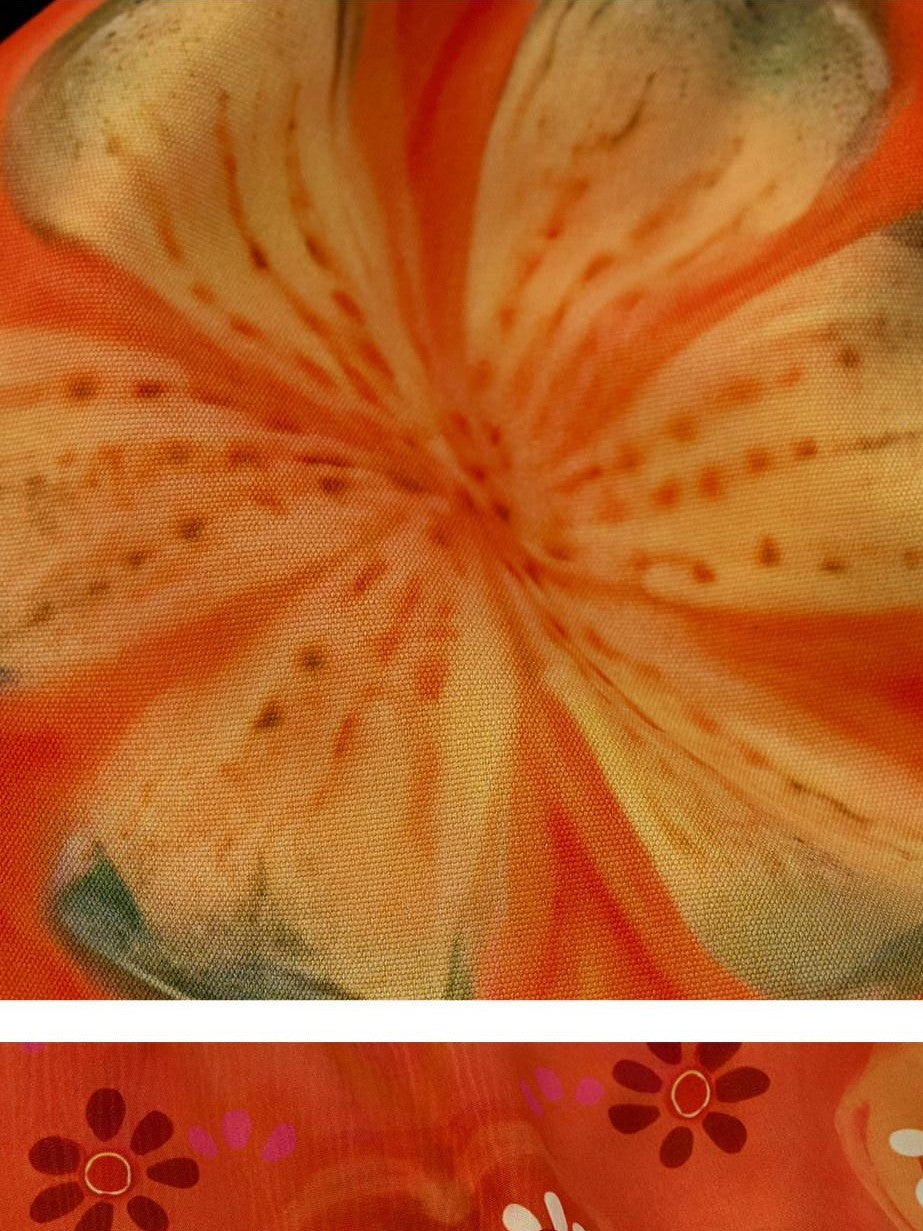 mamc Warm Orange Floral Drawstring Backless V-neck Women's Polyester Halter Tops