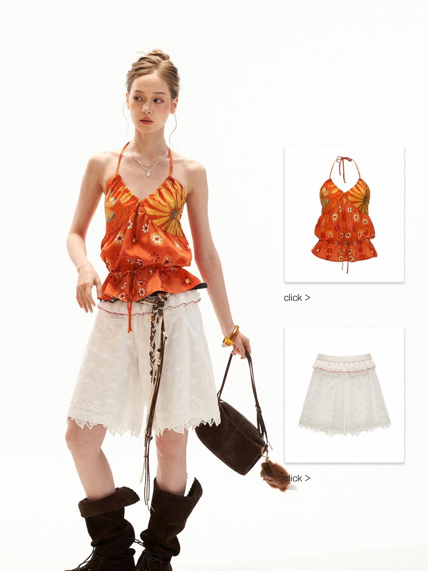 mamc Warm Orange Floral Drawstring Backless V-neck Women's Polyester Halter Tops